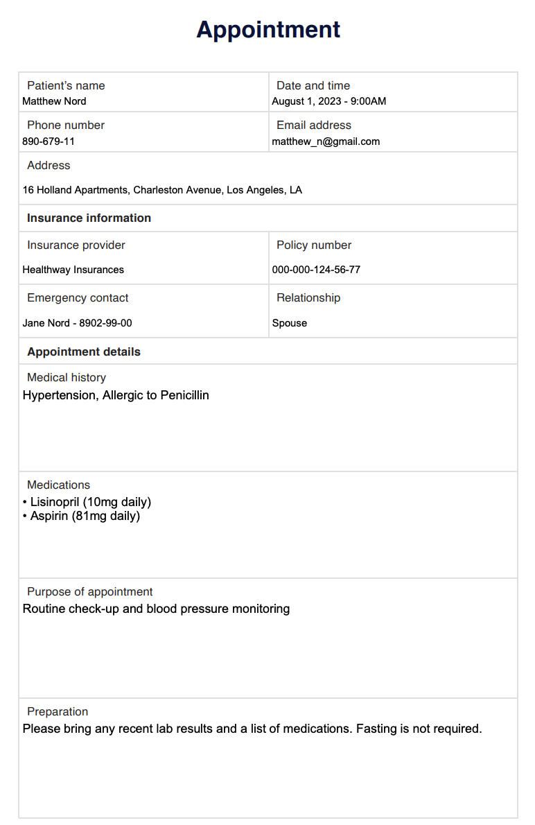 Appointment Template example (sample)