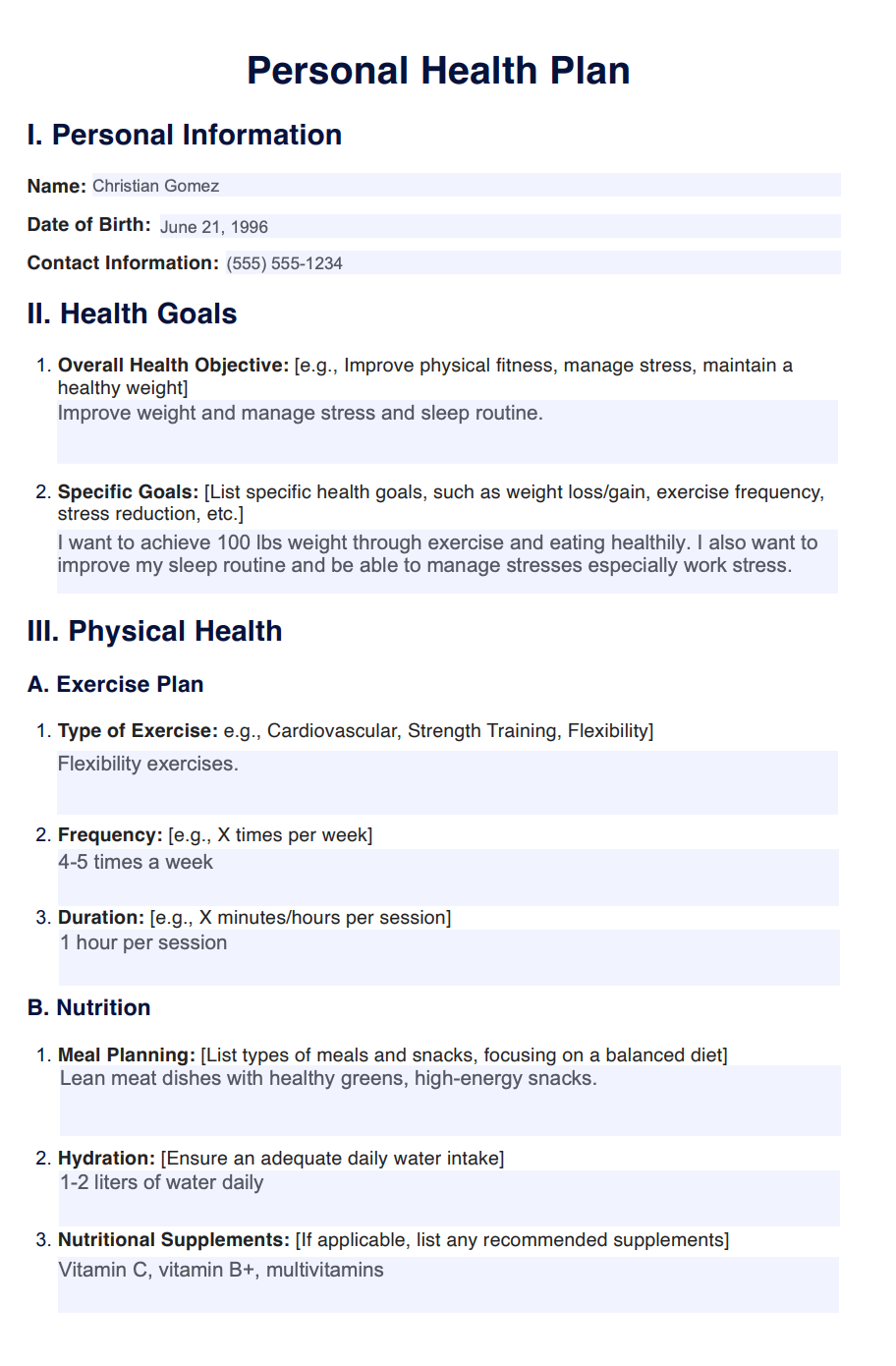Personal Health Plan Example