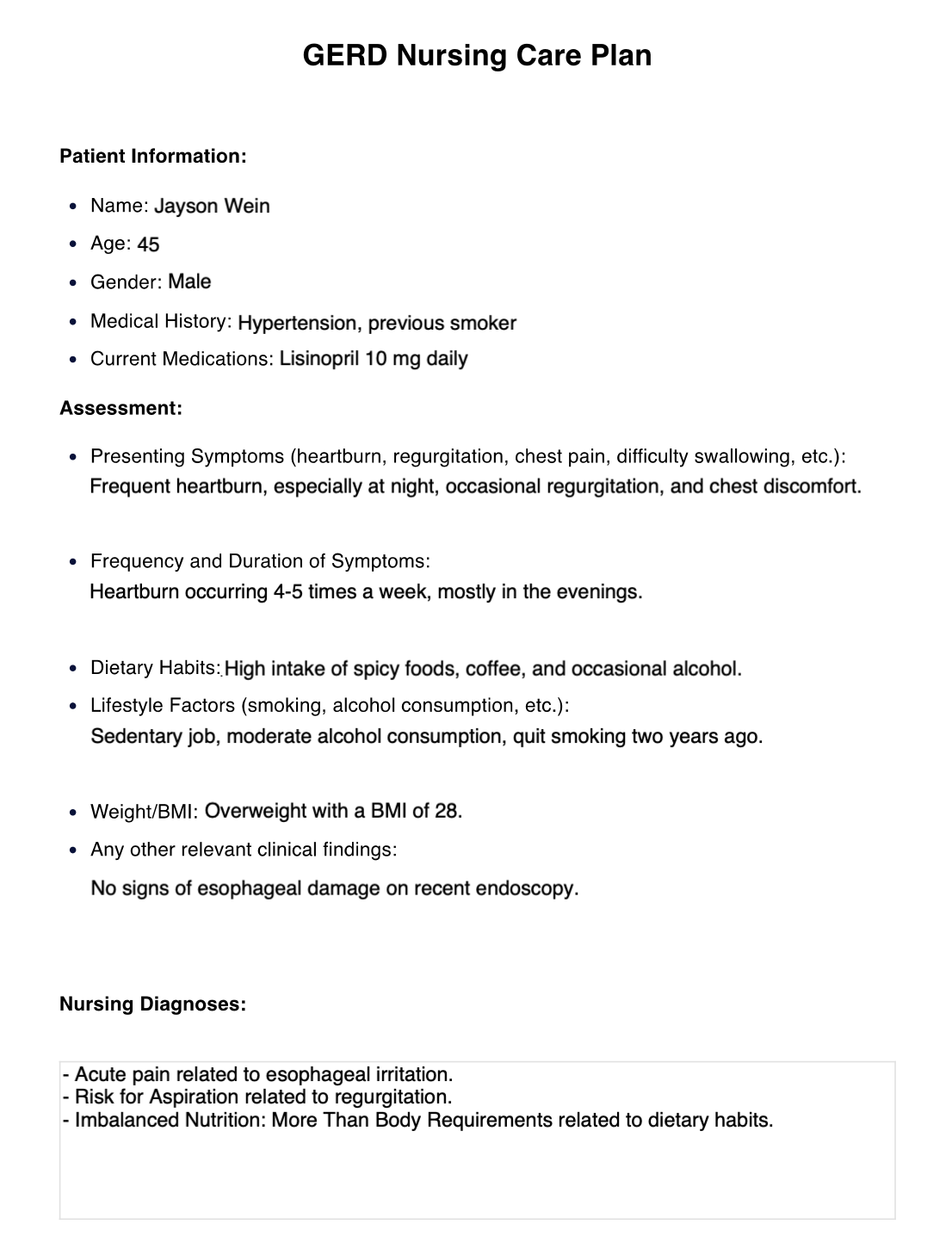 Gerd Nursing Care Plan example (sample)