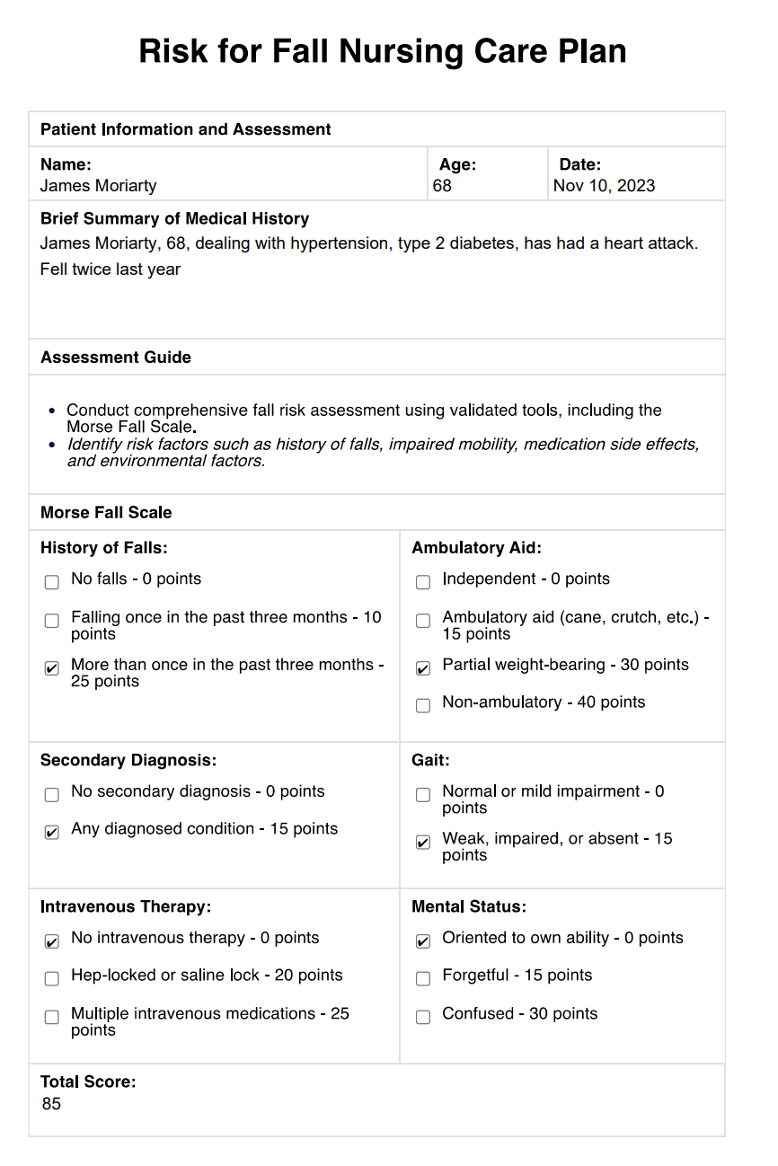 Risk for Fall Nursing Care Plan example