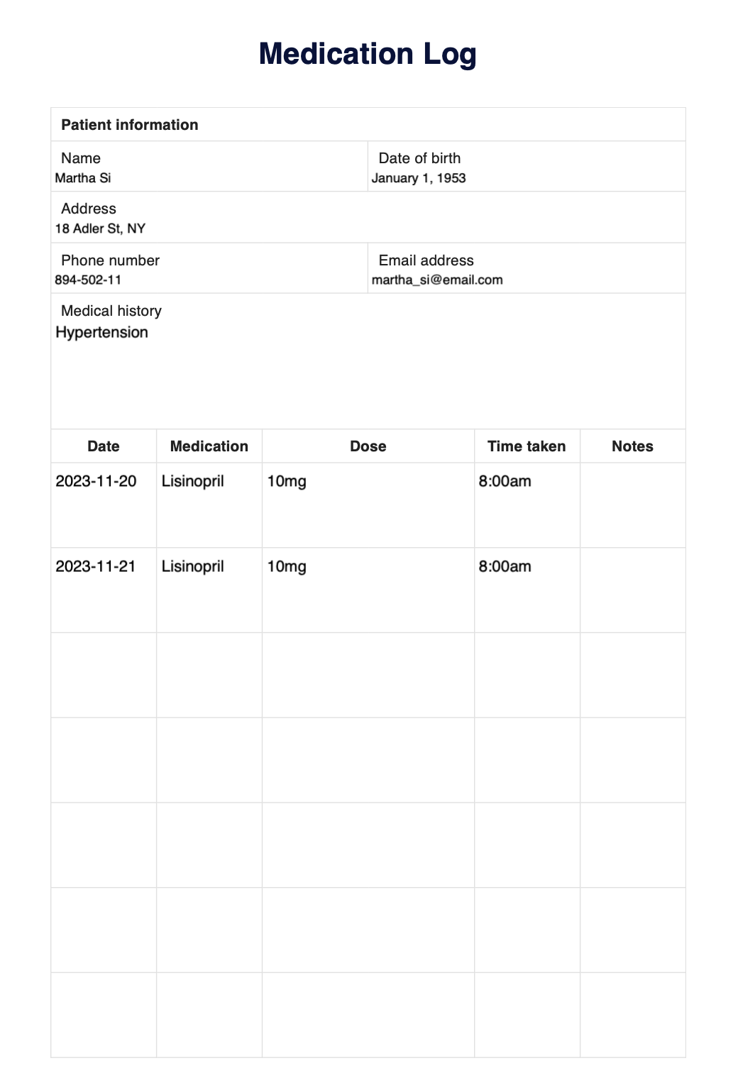 Medication Log template example (sample)