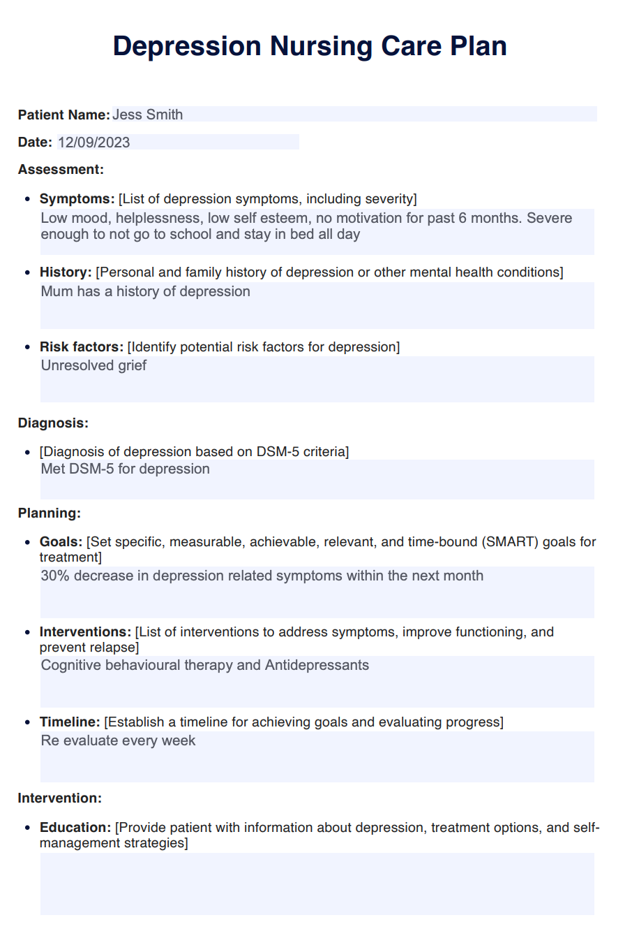 Depression Nursing Care Plan Example