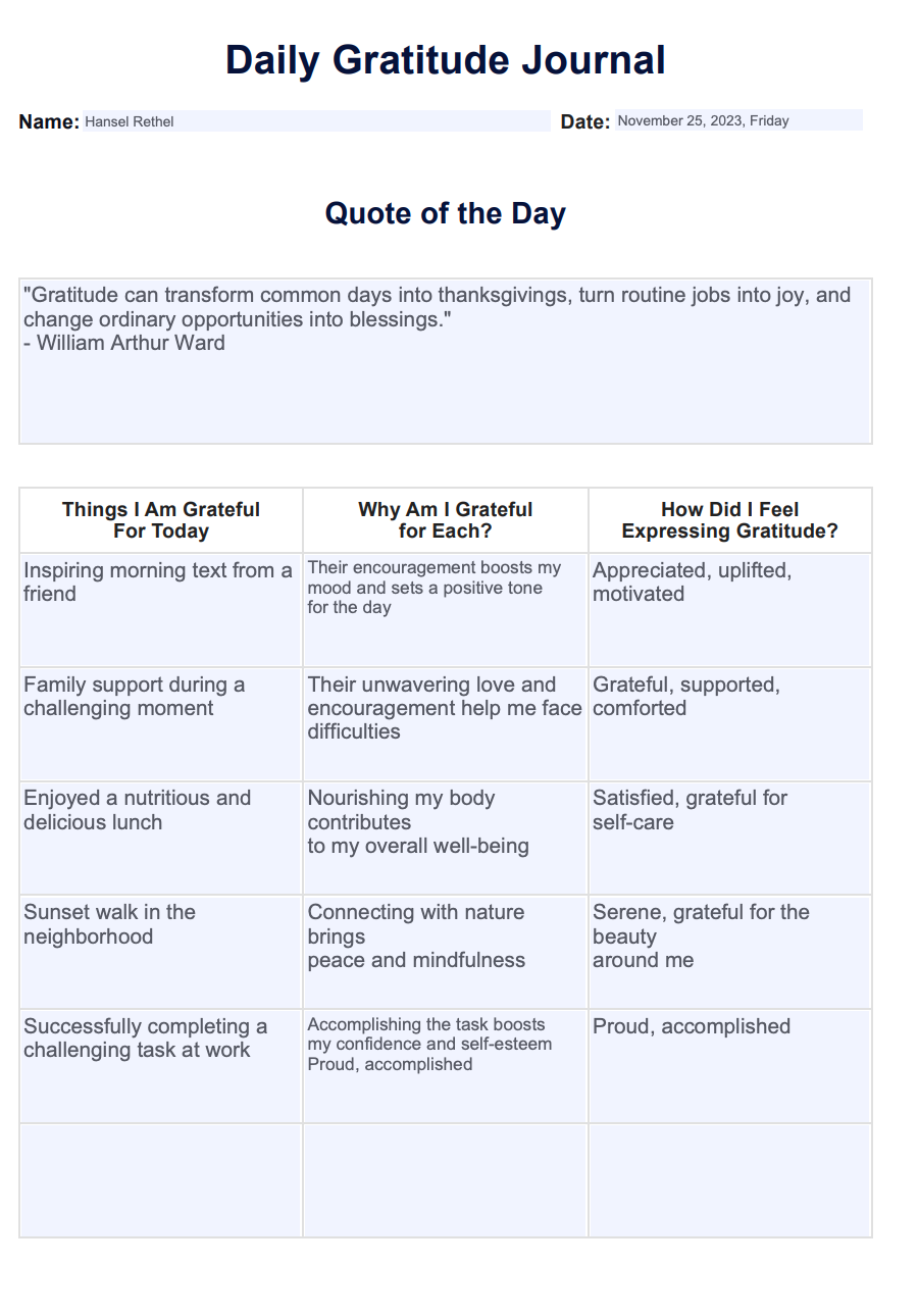 Daily Gratitude Journal example