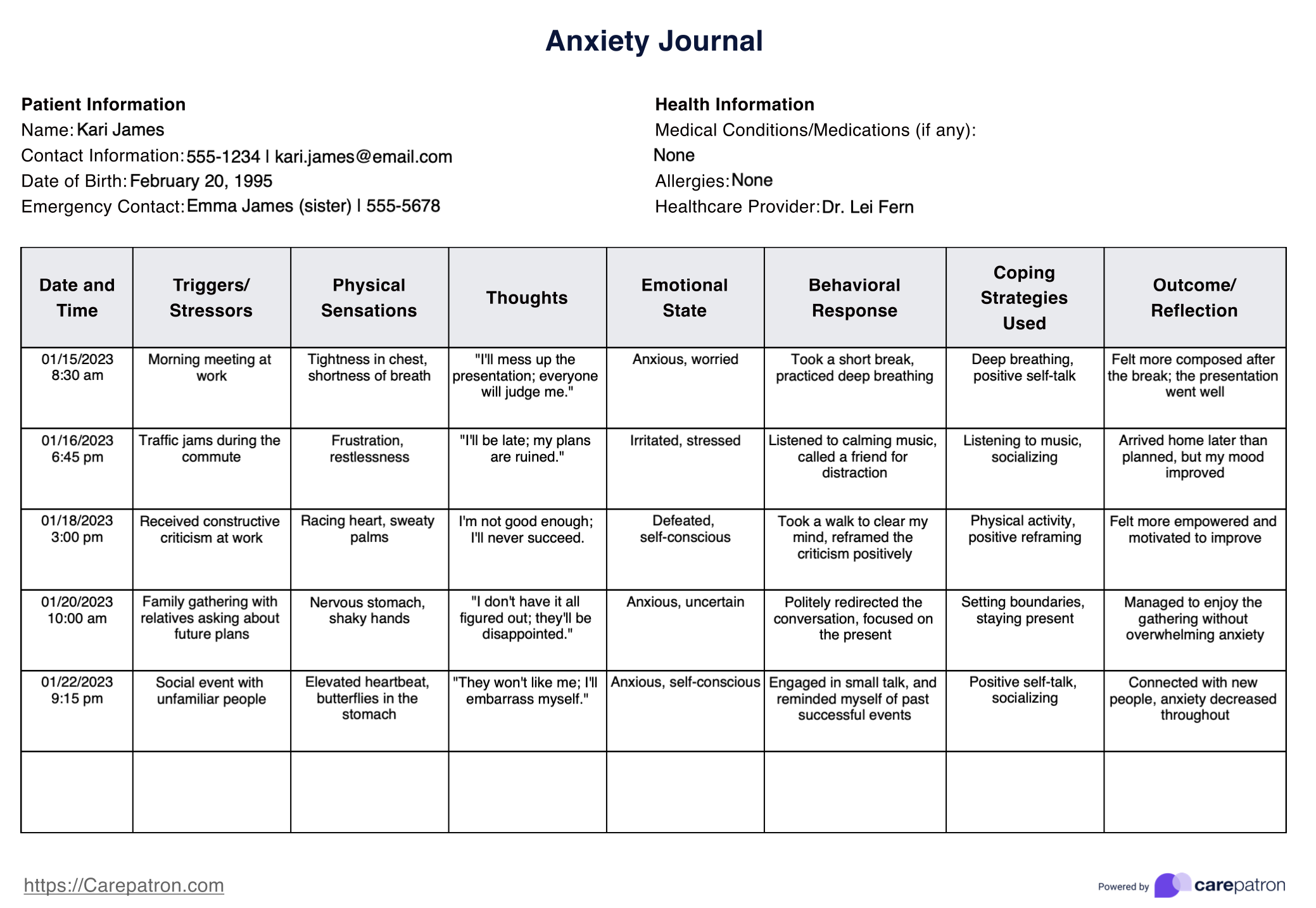 Anxiety Journal Template example (sample)