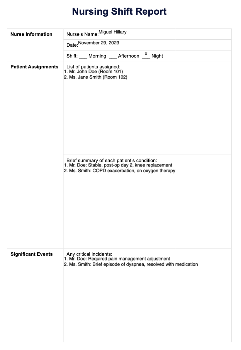 Nursing Shift Report example (sample)