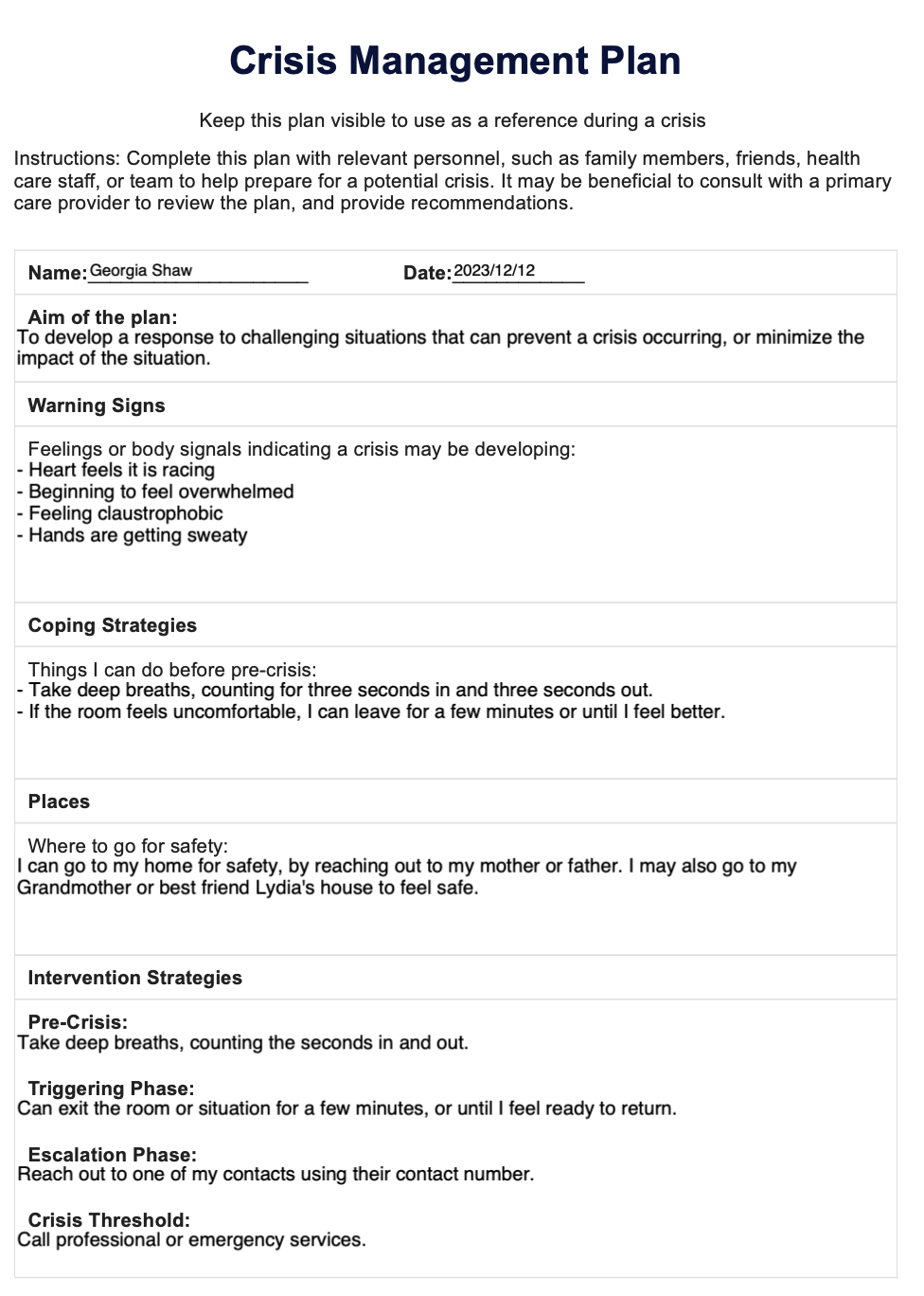 Crisis Management Plan example (sample)