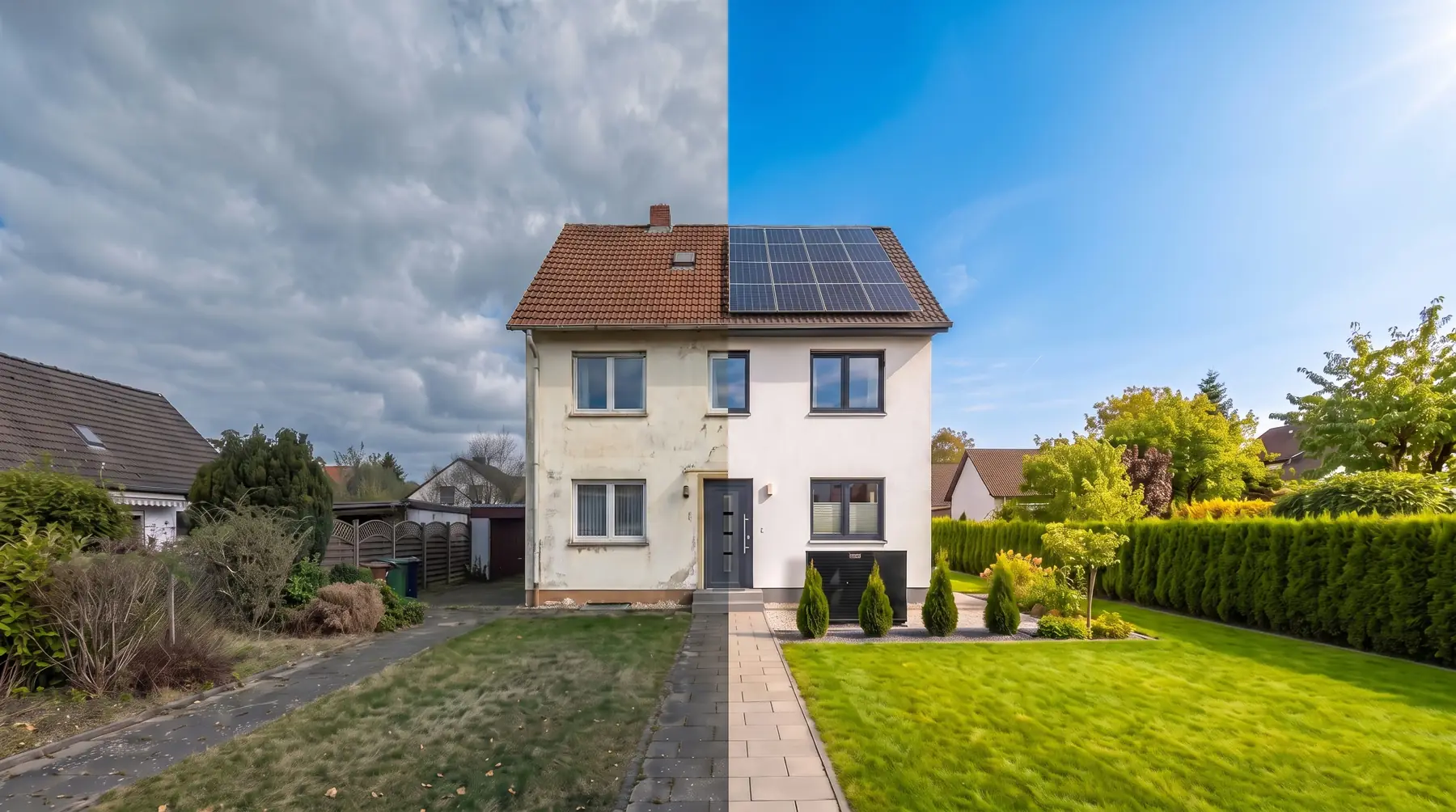 Ein Einfamilienhaus vor und nach der Sanierung, mit neuer Fassade und Photovoltaik auf dem Dach