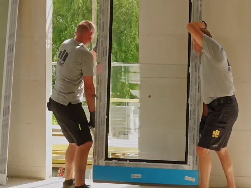Zwei Monteure setzen ein neues, bodentiefes Fenster in die Wandöffnung, von hinten gesehen