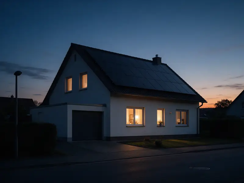 KI-generiertes Symbolbild: Einfamilienhaus mit Photovoltaik in der Dämmerung, innen brennt Licht, die Nachbarhäuser sind beim Stromausfall dunkel