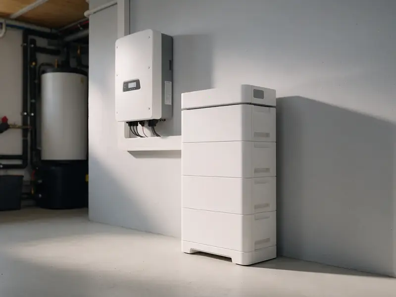 KI-generiertes Symbolbild: Weißer Batteriespeicher aus gestapelten Modulen neben einem Wechselrichter im Hauswirtschaftsraum