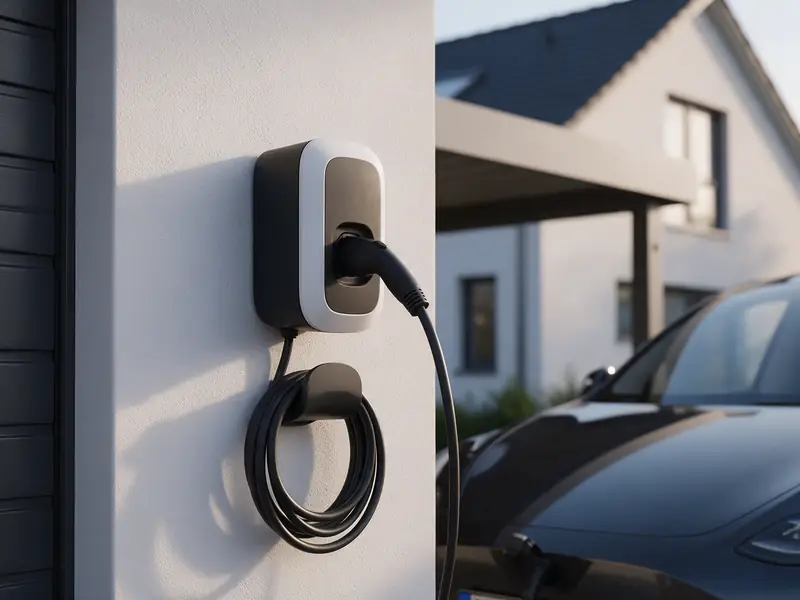 KI-generiertes Symbolbild: Wallbox an der Hauswand neben dem Carport, daneben lädt ein E-Auto