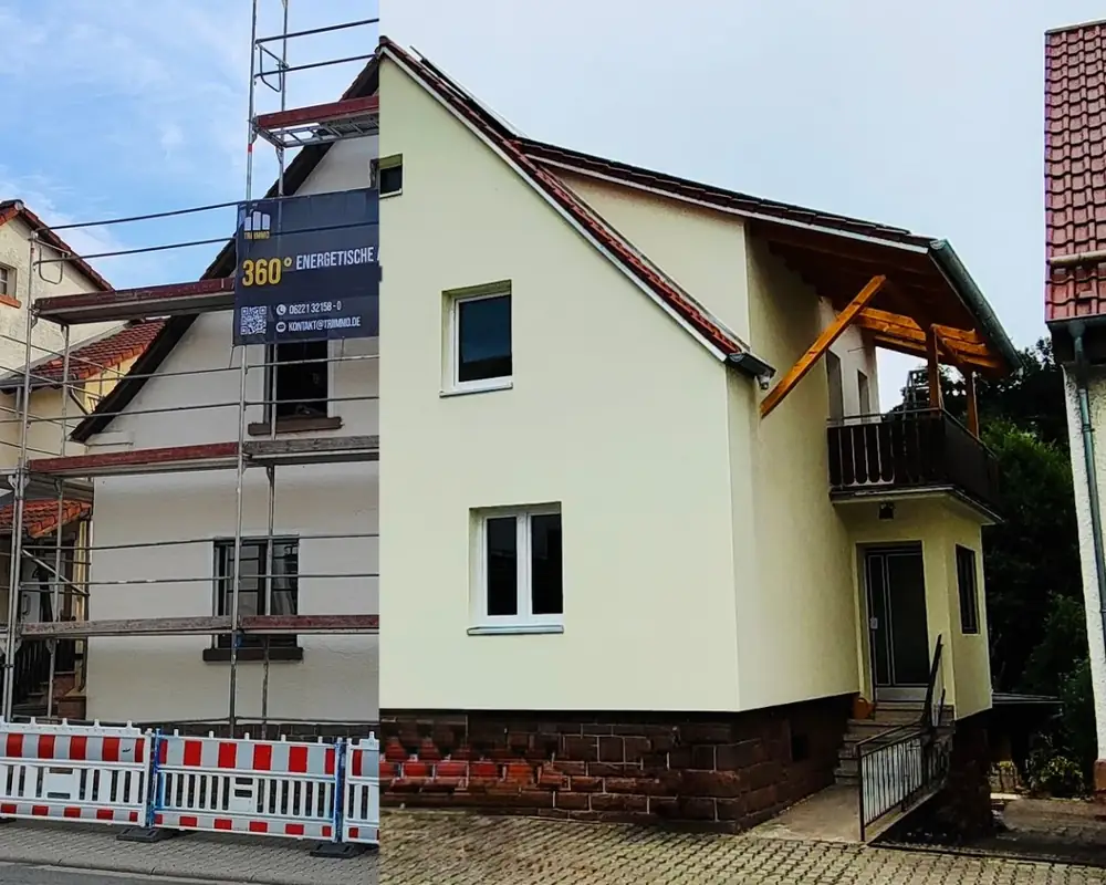 Haus in Wald-Michelbach vorher und nachher: links im Gerüst mit dem Bauschild von TRI IMMO, rechts fertig mit heller Fassade, neuem Dach und Vordach aus Holz