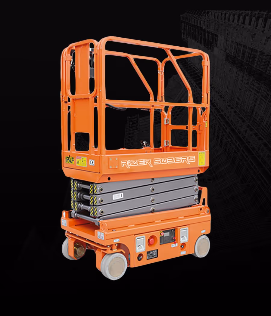 An orange mobile scissor lift with safety rails on a black background.
