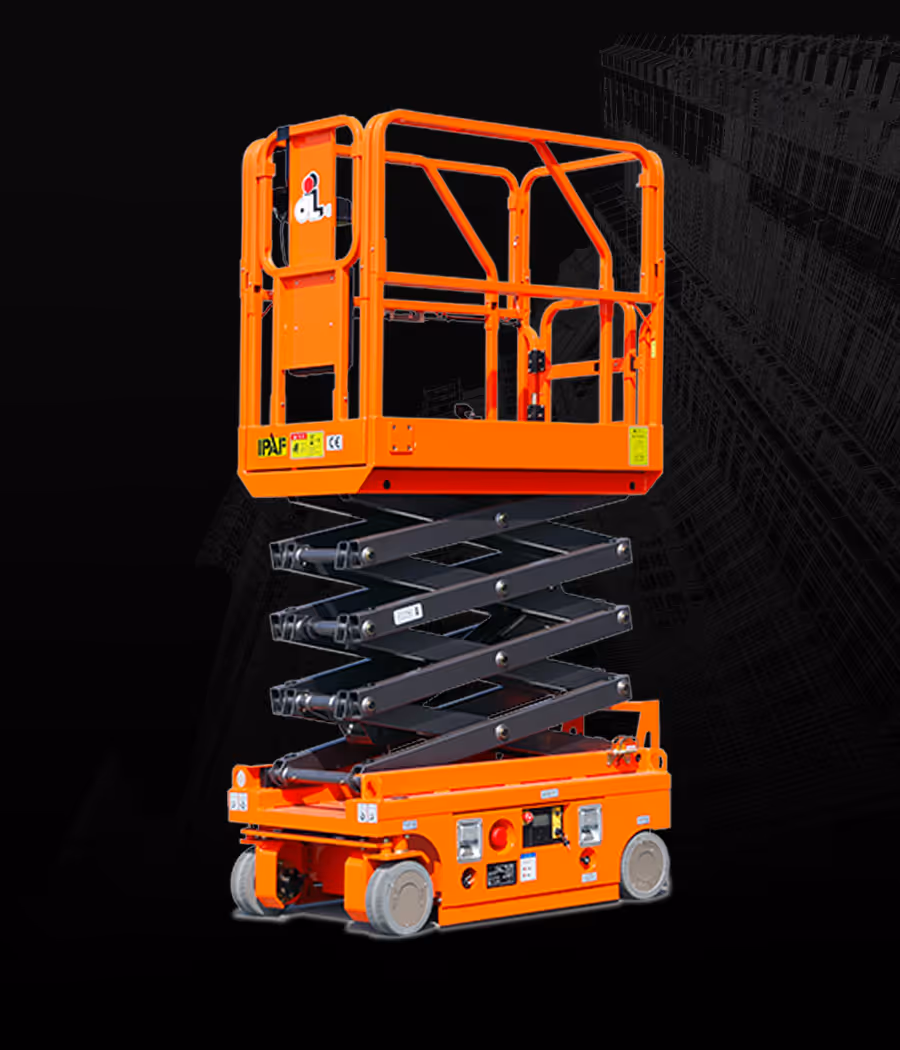 Orange scissor lift raised midway on a black background, displaying safety rails and control panel.