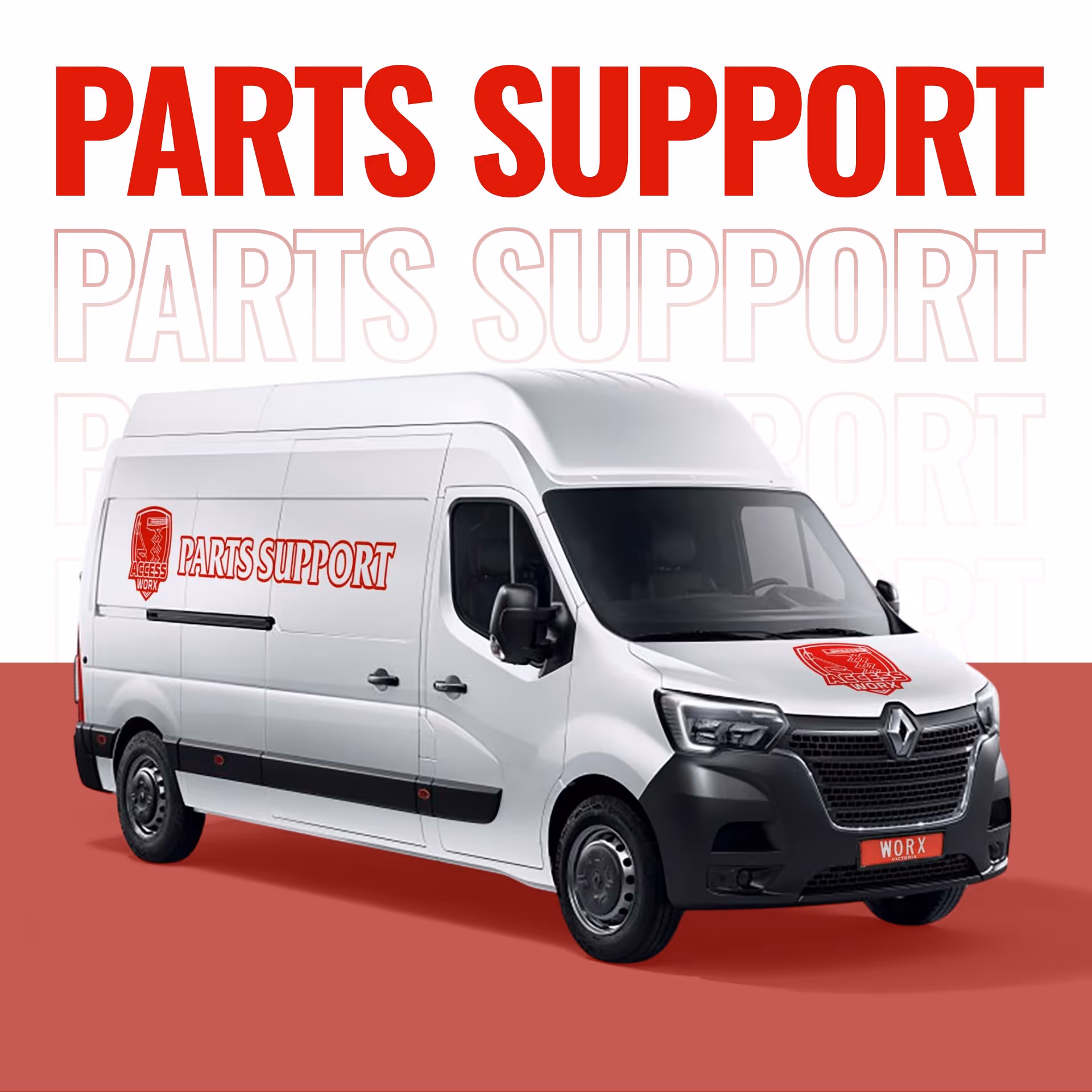 White delivery van labeled "Parts Support" on a red and white background.
