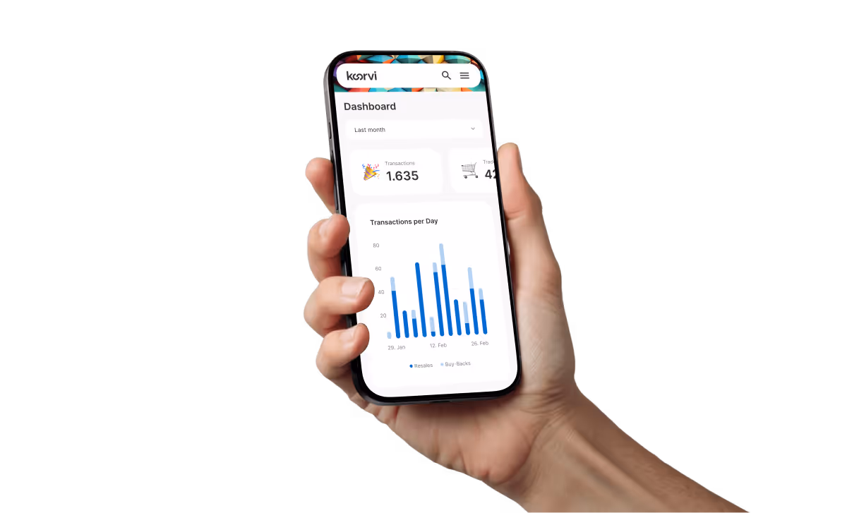 A hand holding an iPhone showing the koorvi dashboard