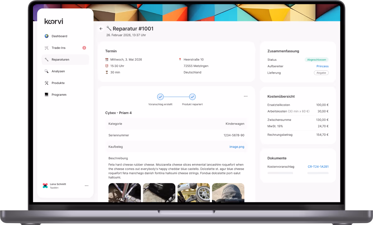 Princess Reparatur-Dashboard zur Verwaltung von Kundenreparaturen, zur Erstellung von Rechnungen und Kostenvoranschlägen