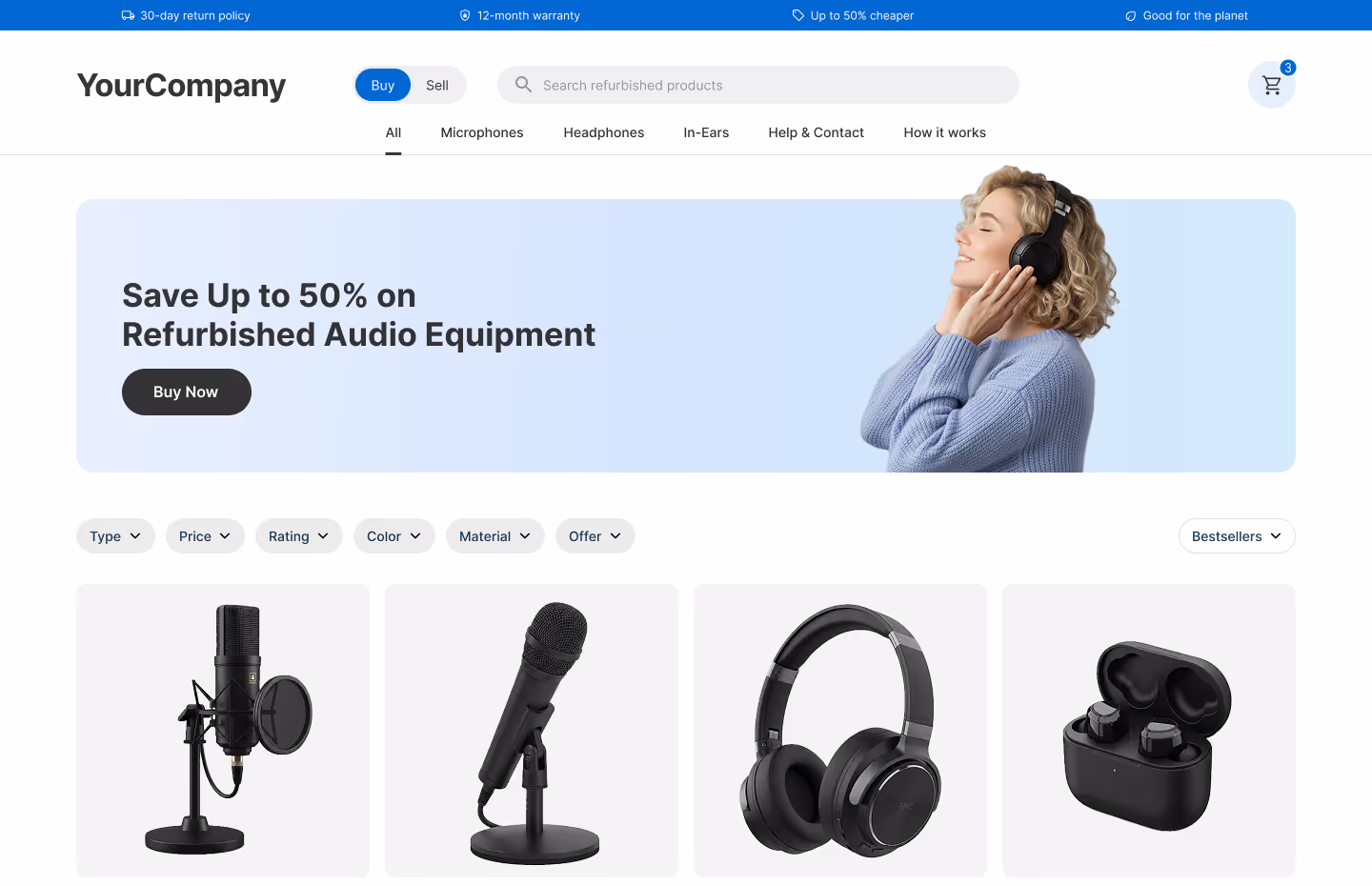 koorvi white-label resale shop interface featuring refurbished electronics like microphones and headphones