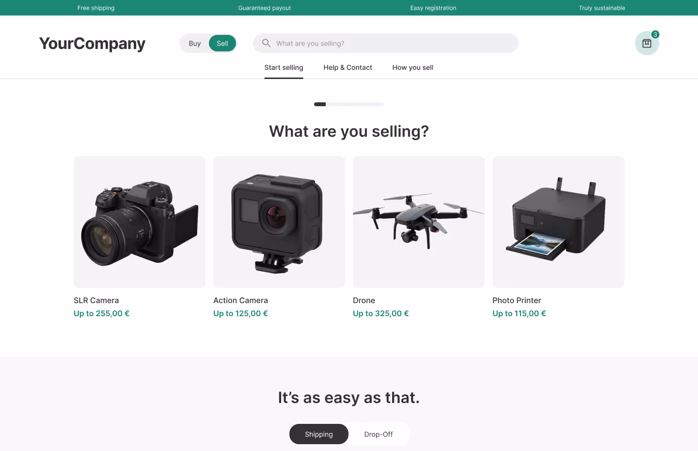 koorvi white-label buy-back portal displaying product categories with estimated payout prices