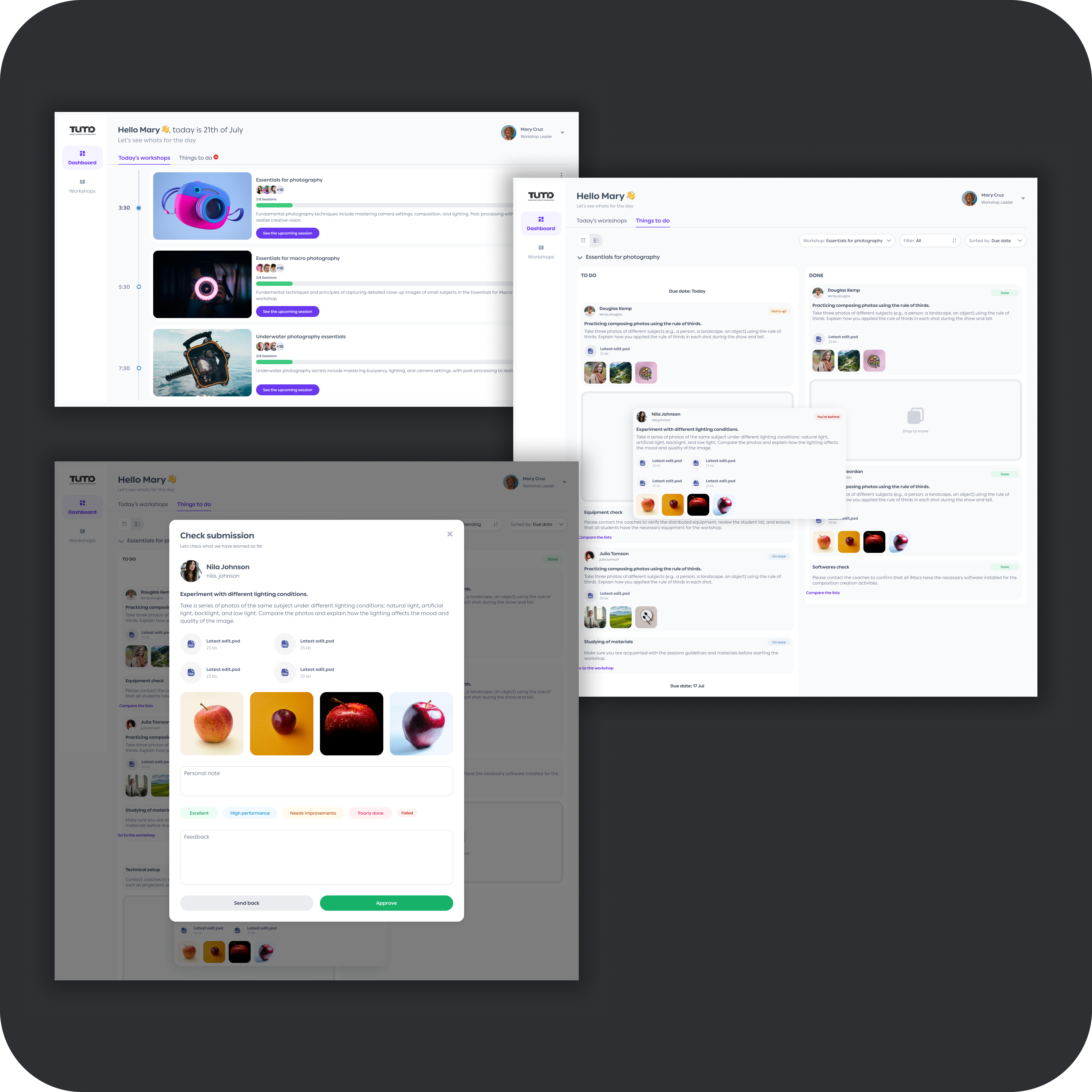 Workshop Leader — dashboard, today's workshops, assignment review