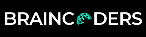 Logo with the word BRAINCODERS in white letters on a black background, featuring a turquoise hexagonal pattern forming a partial brain shape replacing the letter O.