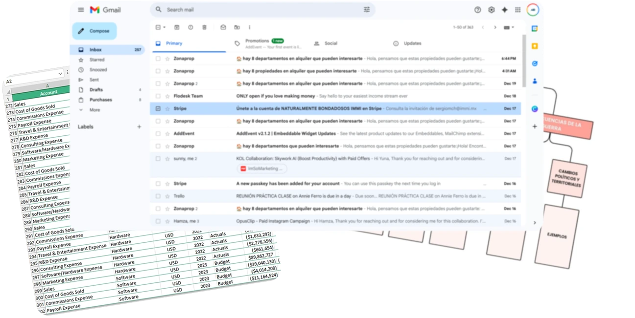 Screenshot collage including a Gmail inbox open to multiple promotional emails, a spreadsheet with financial accounts and expenses, and a flowchart with political and territorial changes in Spanish.