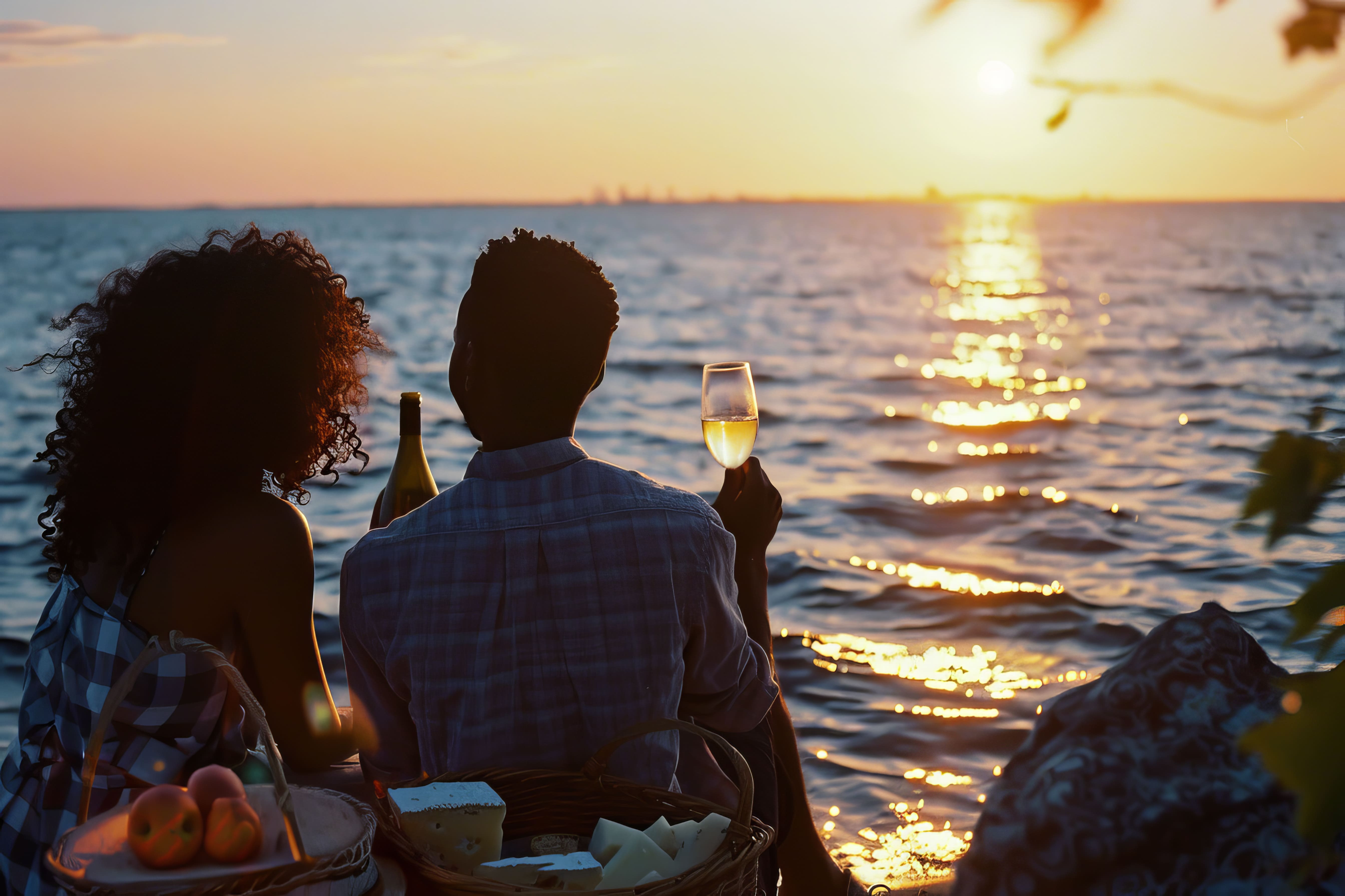 Couple enjoying a romantic seaside picnic at sunset with wine and snacks in the Dominican Republic.