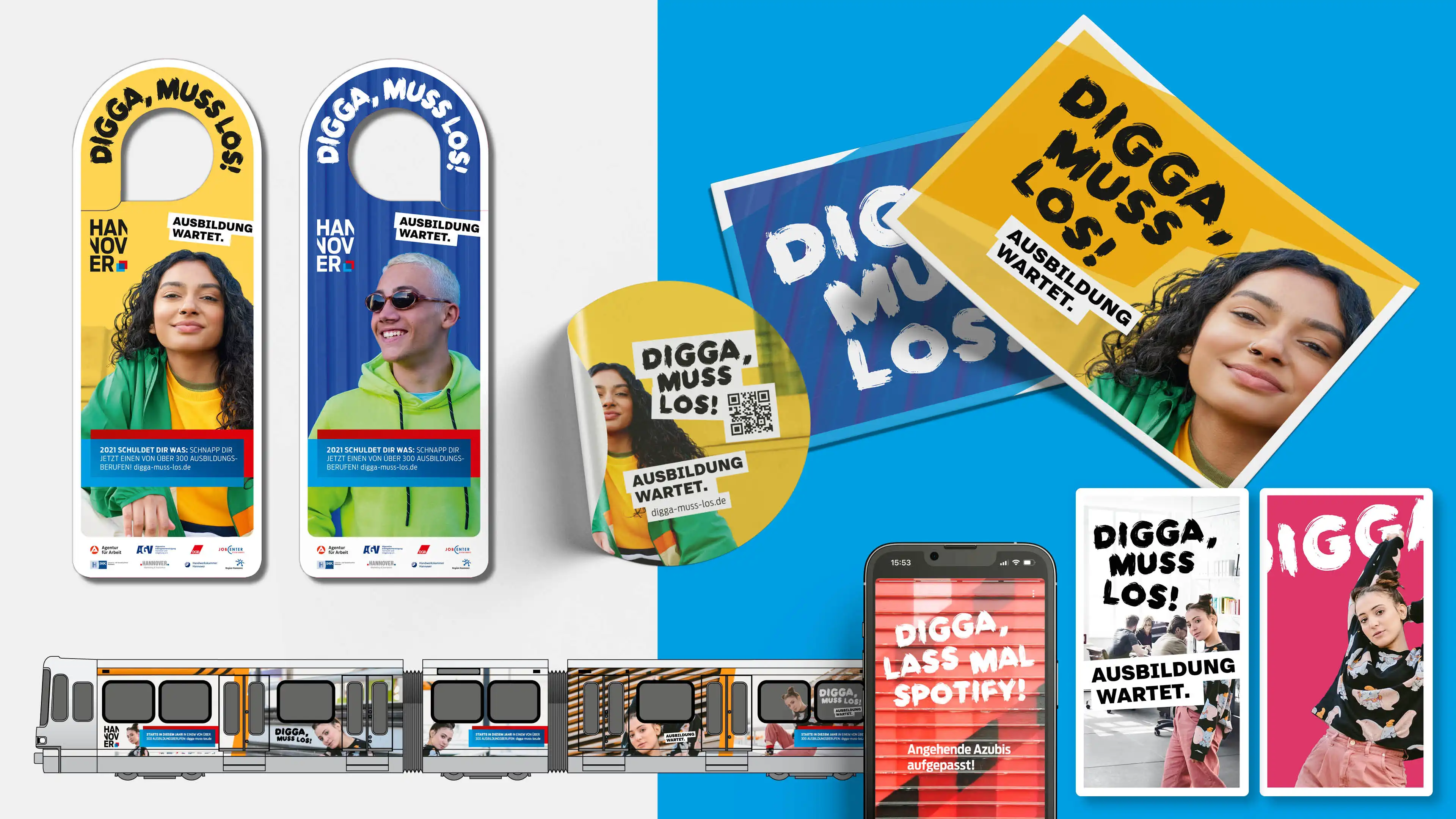 Eine Übersicht von Print-Maßnahmen, Spotify und Social Media und der Bahnbeklebung