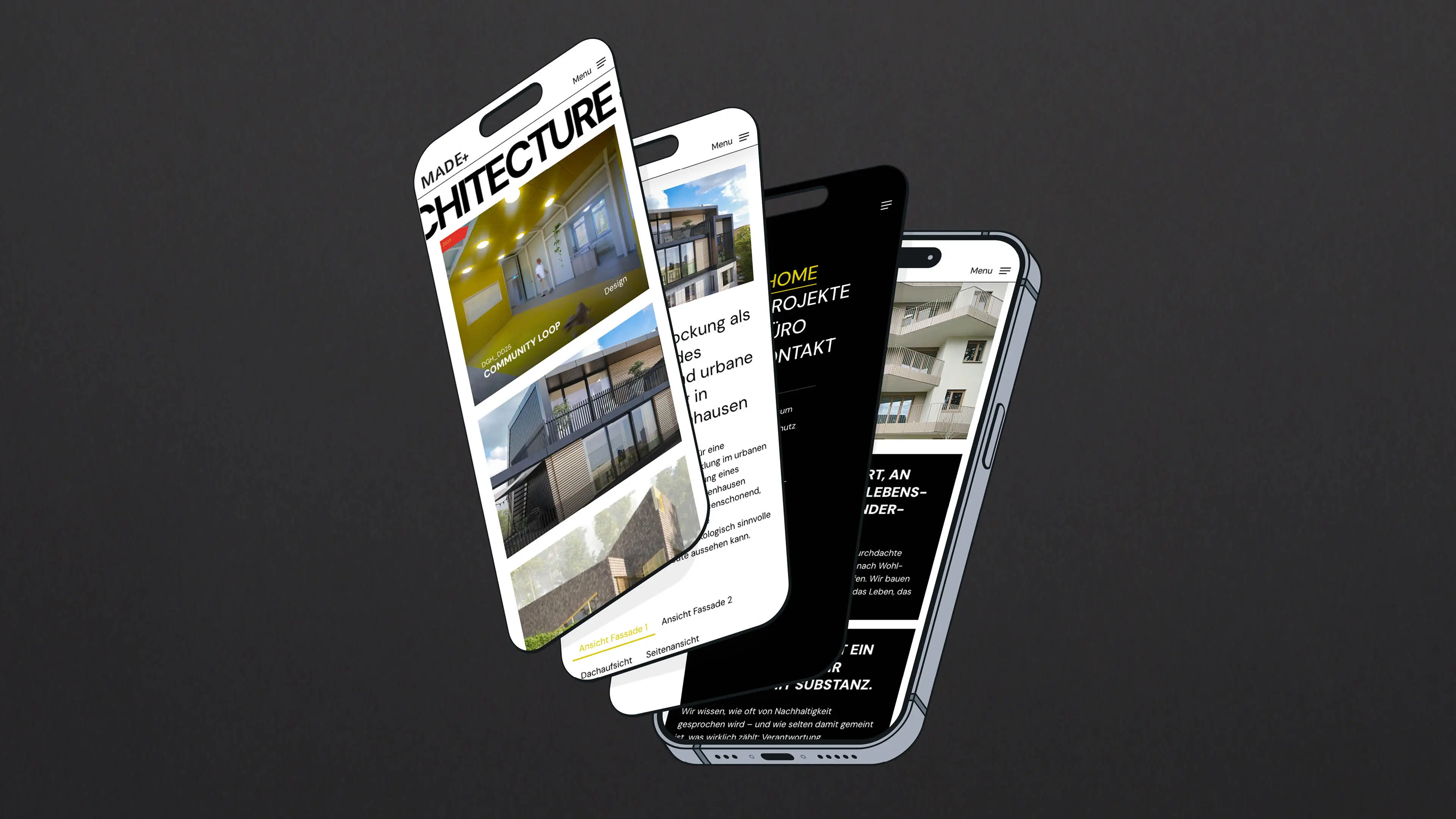 Mockup von 4 Iphone-Screens hintereinander, das verschiedene Seiten zeigt