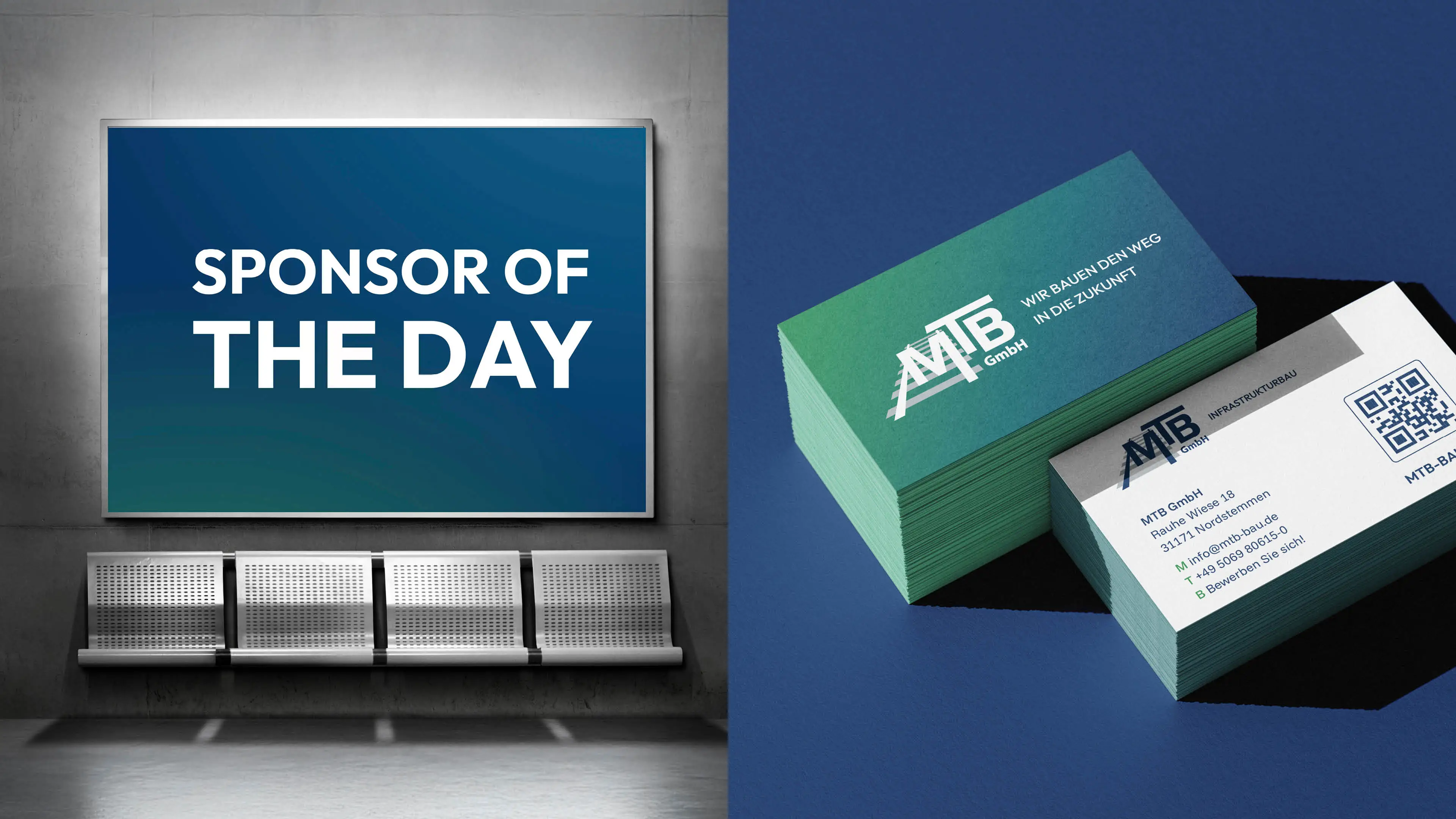 Links ein Mockup einer Werbetafel im MTB-CD, rechts Visitenkarten von MTB