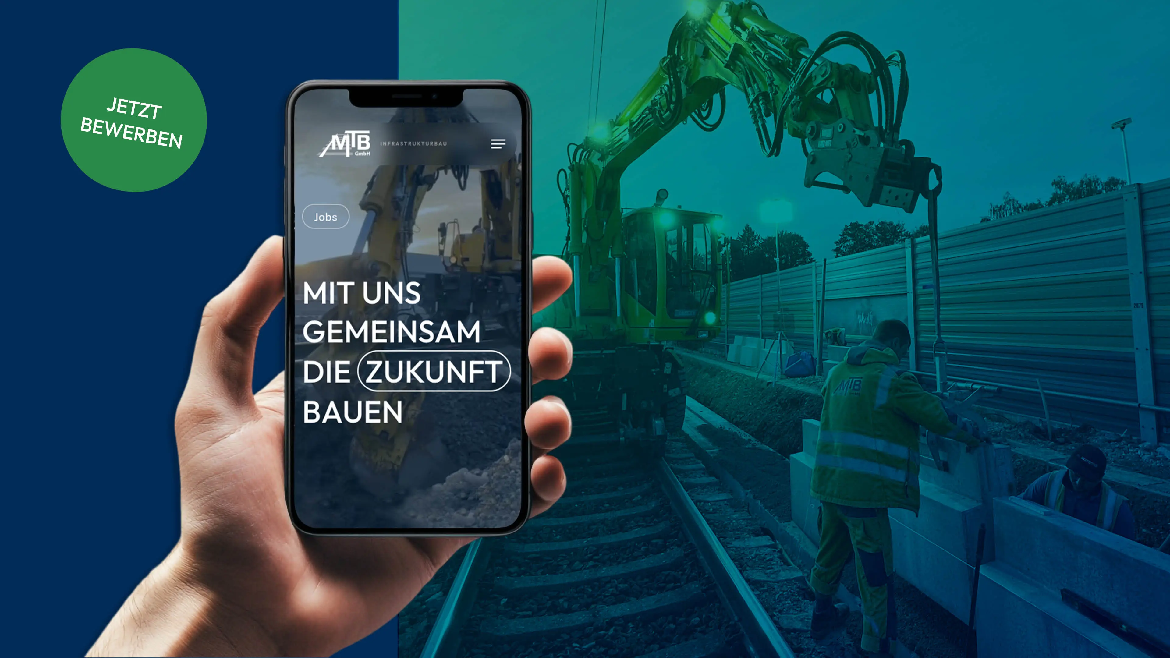 Foto von Gleisbauarbeiten, links daneben eine Hand, die ein Smartphone hält auf dem der Karriereclaim abgebildet ist