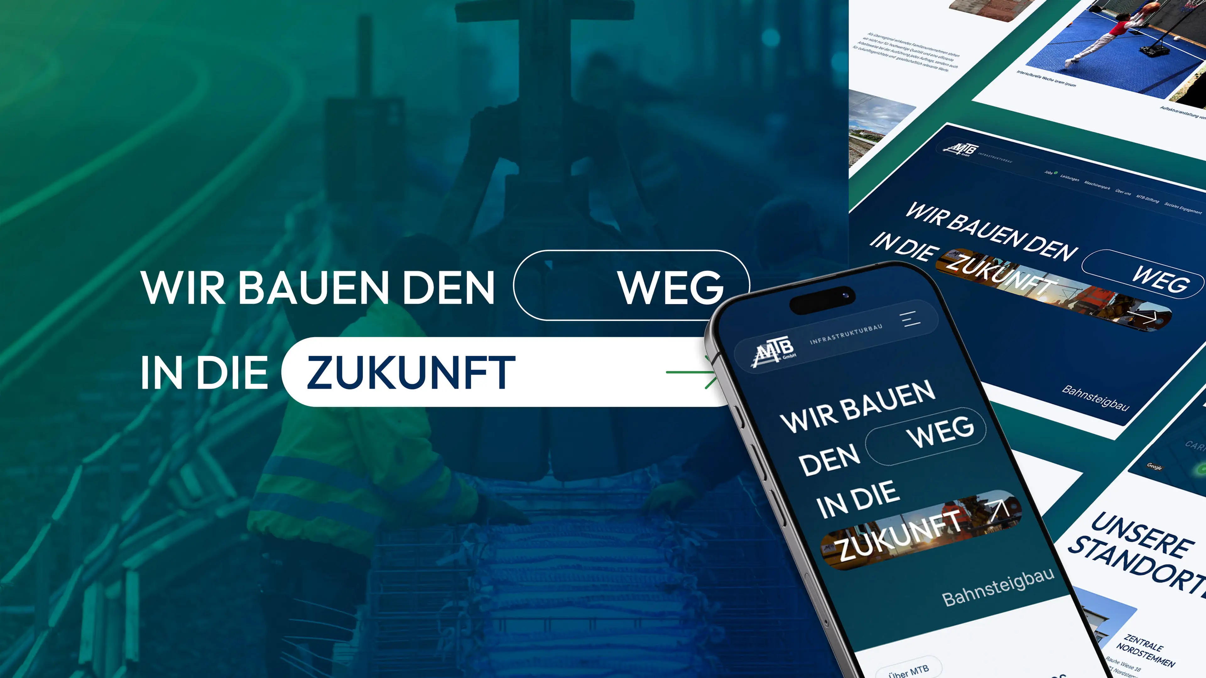 Links Foto von Gleisbauarbeiten und Claim, recht Website-Ansichten Desktop und ein Smartphone-Mockup