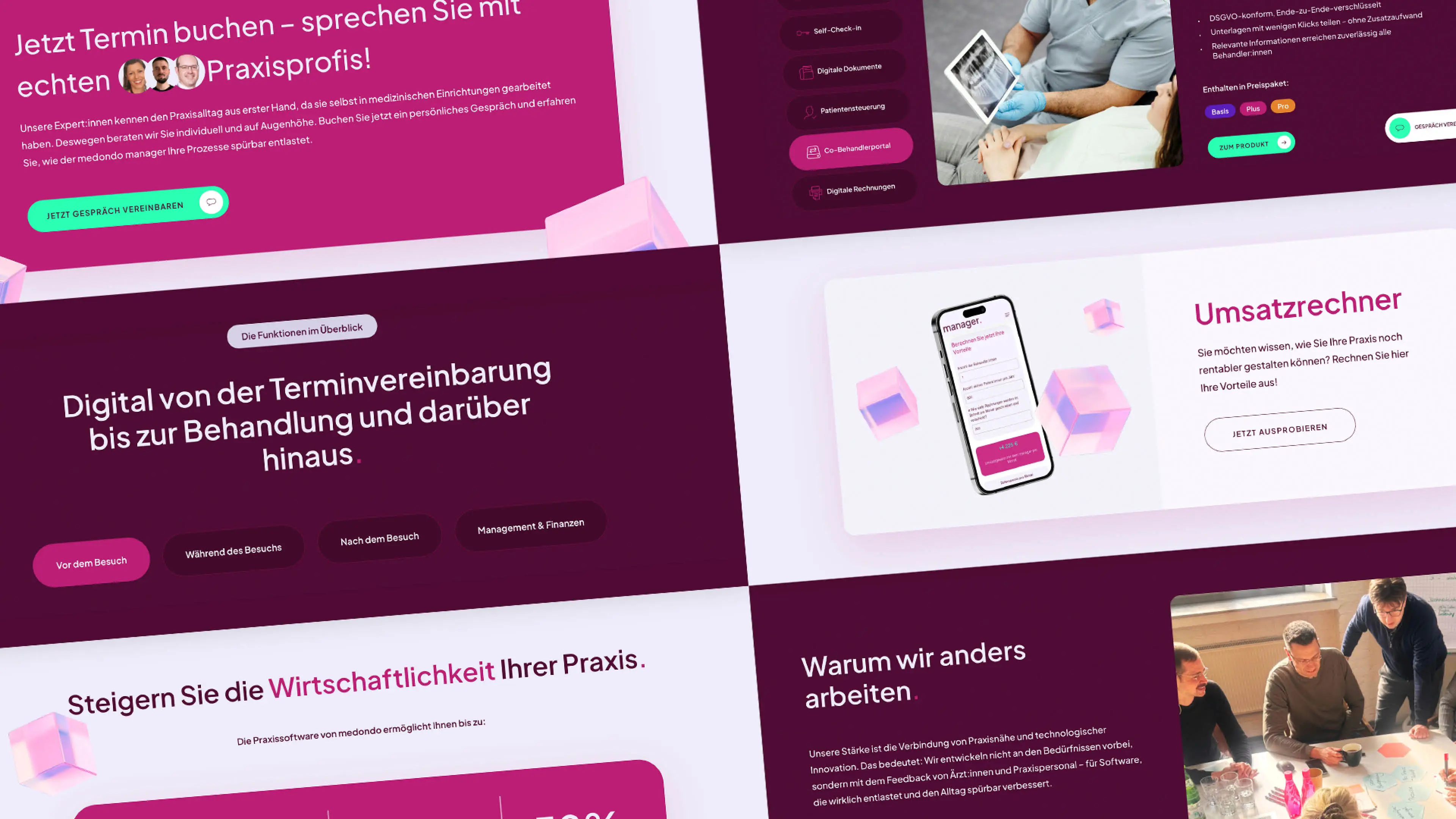 Mehrere Sektionen der Website geben einen Überblick über den modularen Gestaltungsansatz der Website