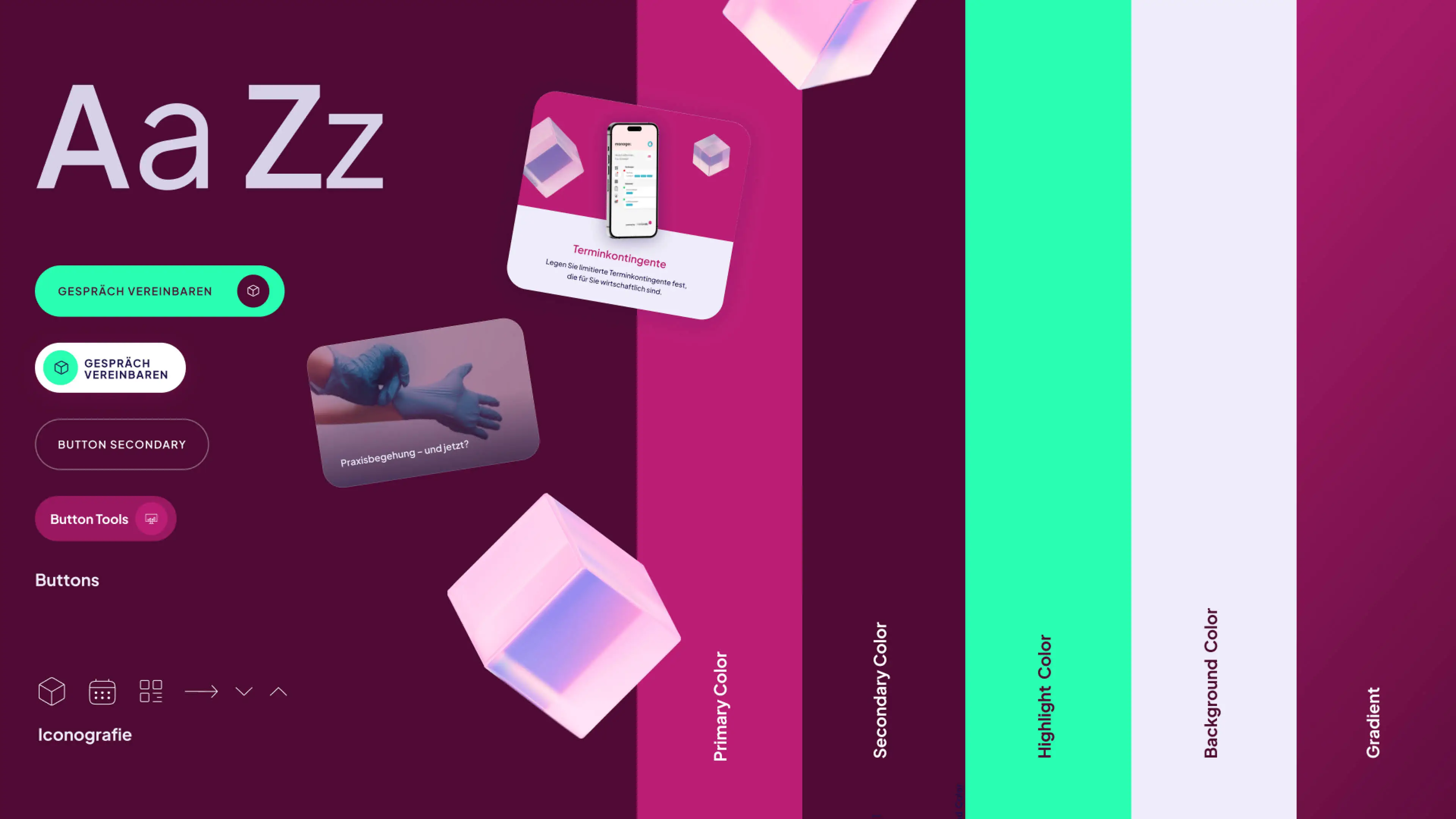 Styleboard zeigt das Corporate Design, wie Farben, Schriften, Icons, Gestaltungselemente