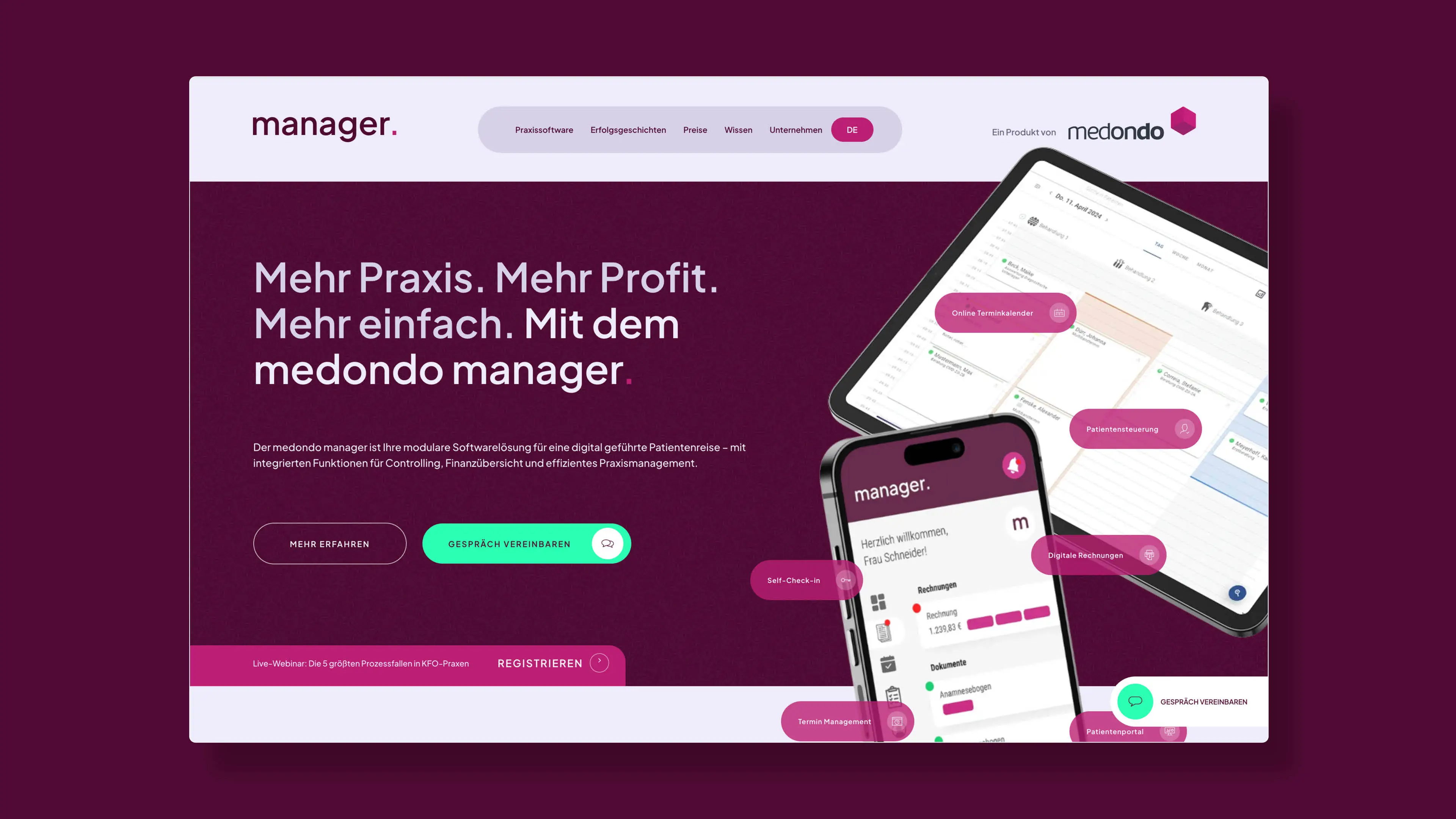 Ansicht der Bildbühne der Startseite von medondo manager