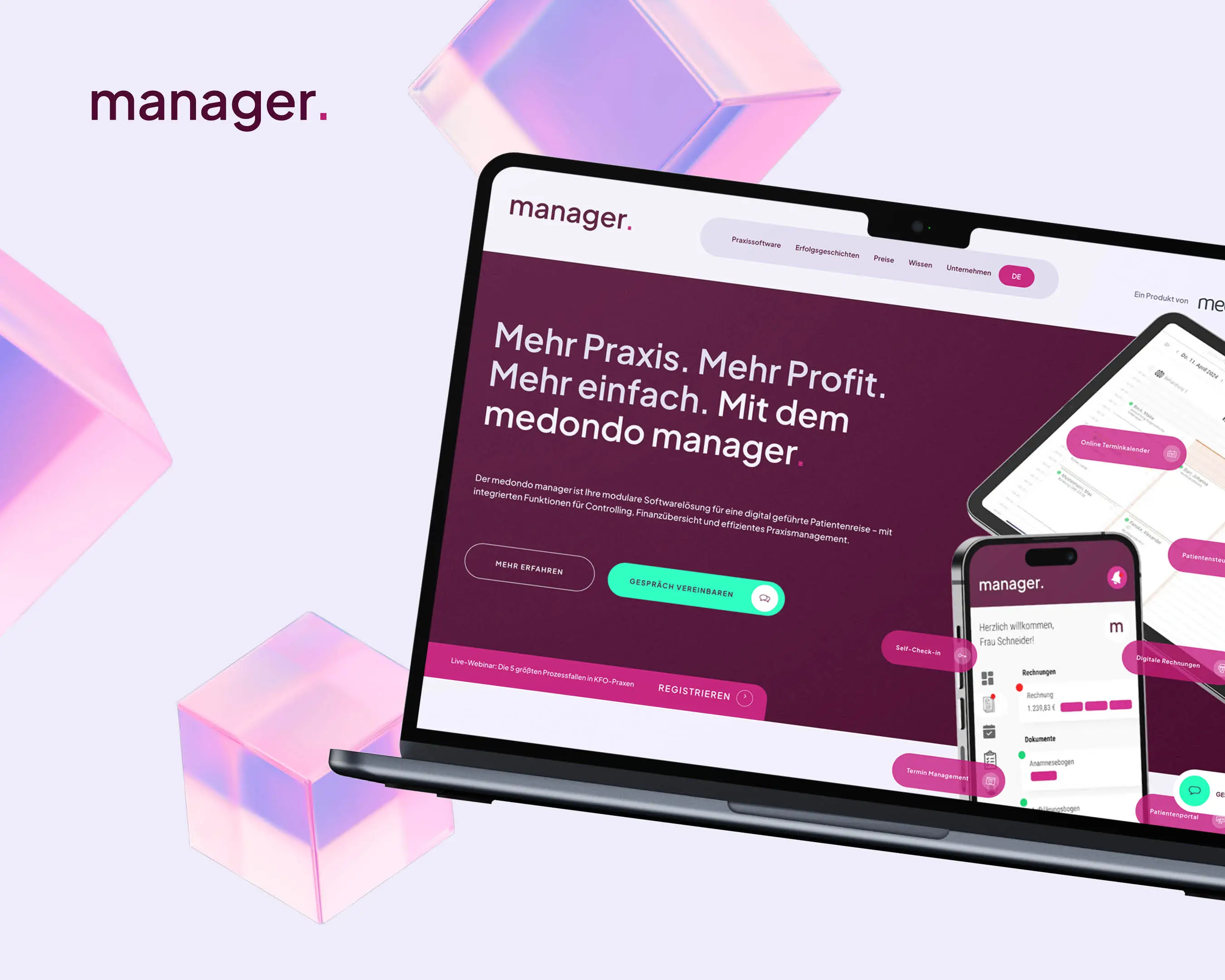 Foto von einem Laptop mit der Startseite des medondo managers mit Keyvisual und Logo