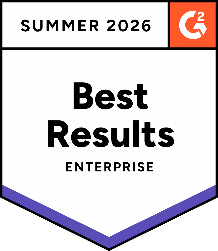 G2 badge for Summer 2026 Best Results in Enterprise category with white and purple design.