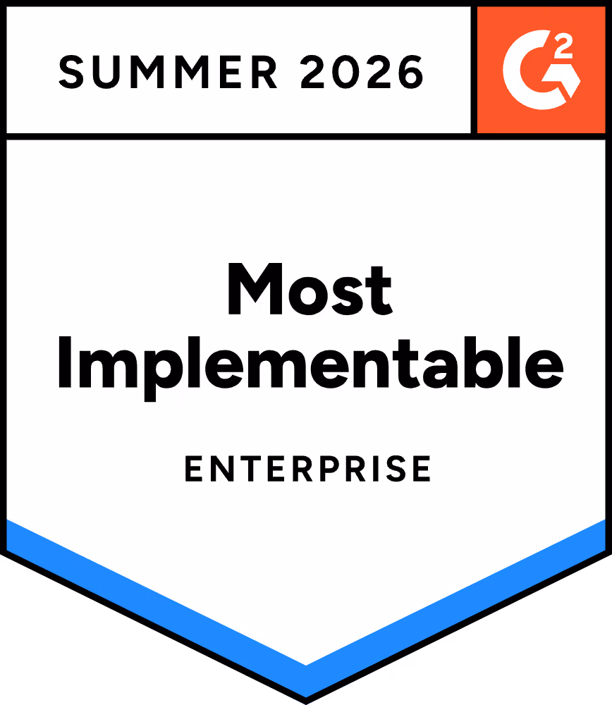 G2 badge for Summer 2026 Most Implementable Enterprise award with blue and red accents.
