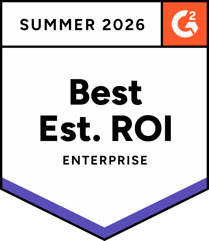 G2 Spring 2026 badge for Best Estimated ROI in Enterprise category with purple trim.