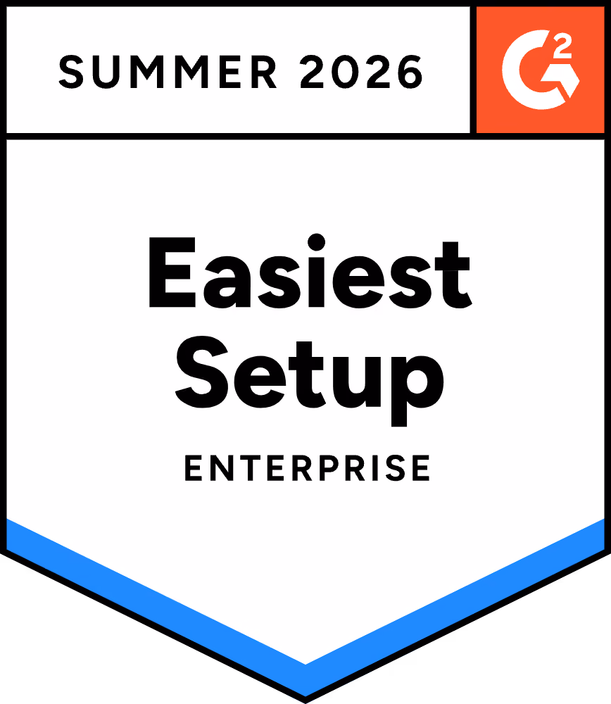 G2 badge for Summer 2026 awarding Easiest Setup in Enterprise category.