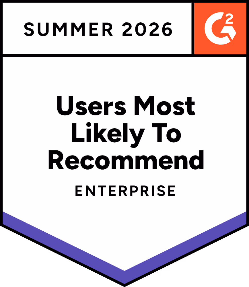 Badge reading Summer 2026 Users Most Likely To Recommend Enterprise with G2 logo.