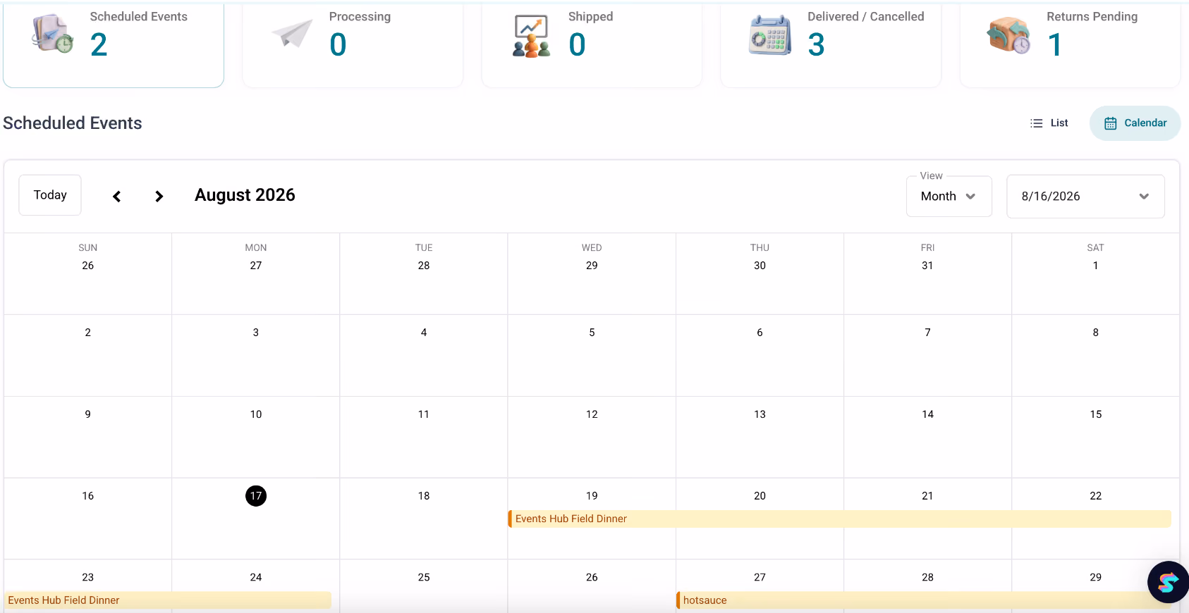 Dashboard calendar showing August 2026 with Scheduled Events like Events Hub Field Dinner and hotsauce.
