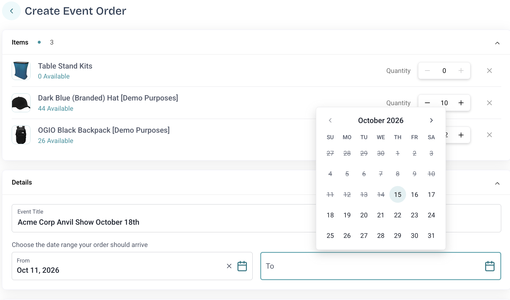 Create event order page with items list, date selector showing October 2026 calendar, and event details form.