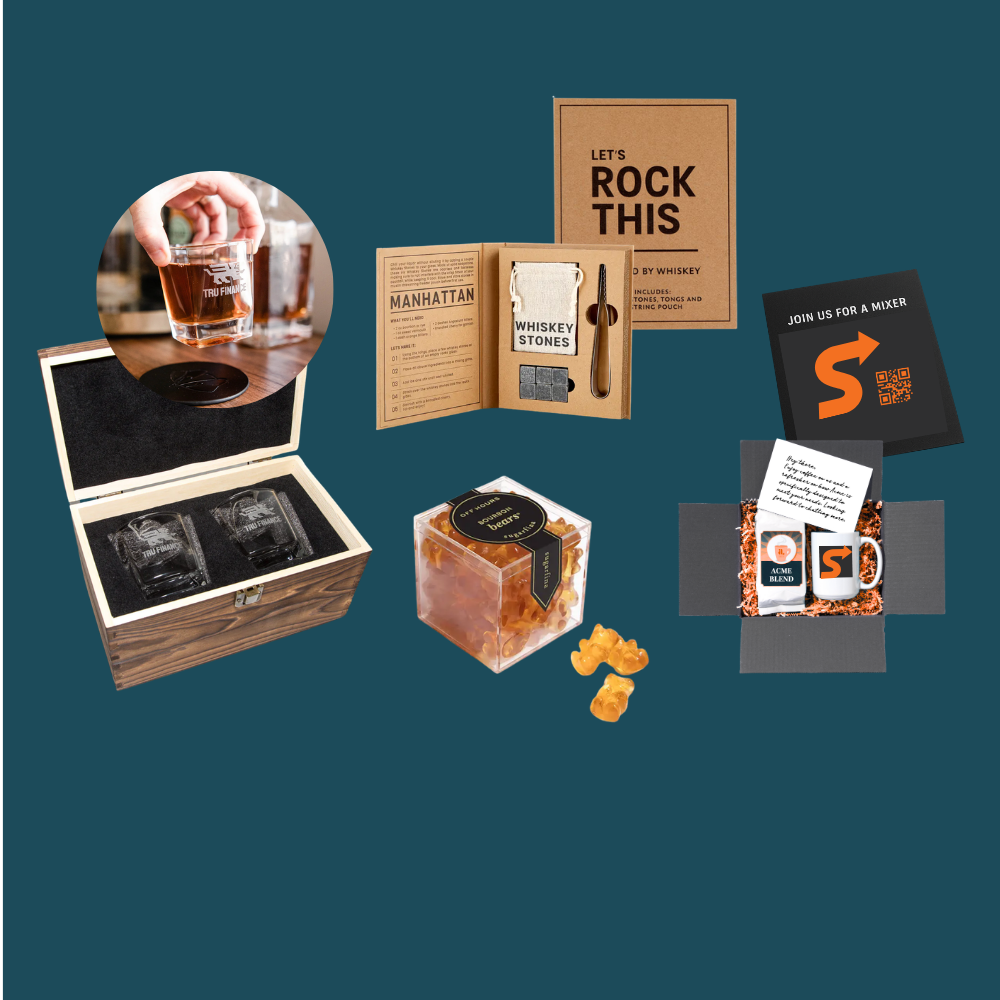 Whiskey gift sets with branded glasses, whiskey stones, bourbon gummies, and coffee mug mixer kit on teal background.
