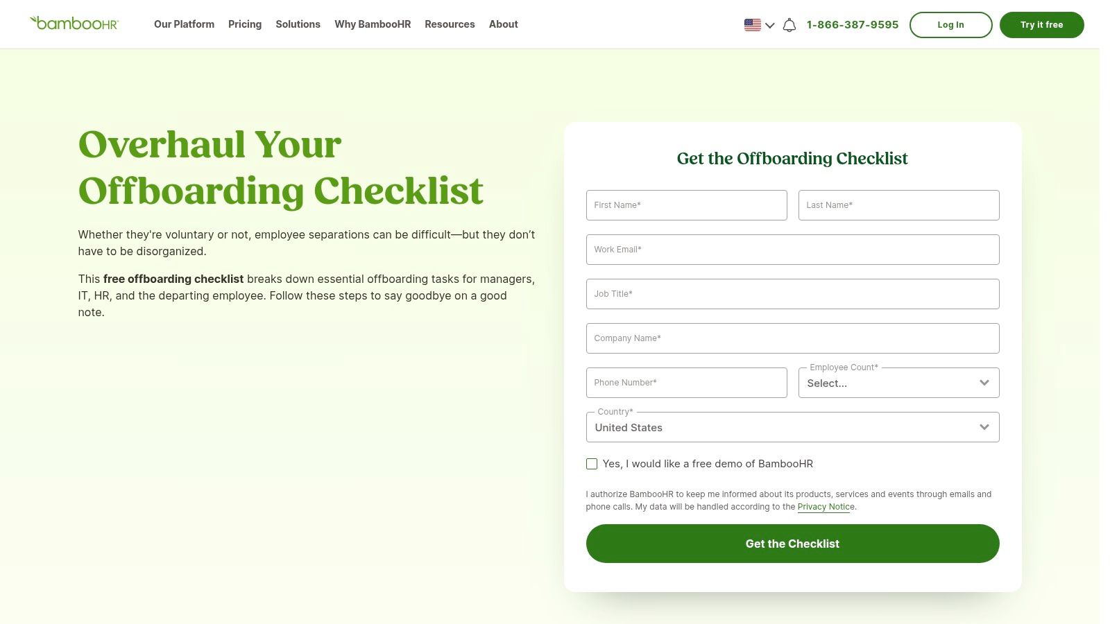 An employee termination checklist template from BambooHR showing an organized offboarding checklist.