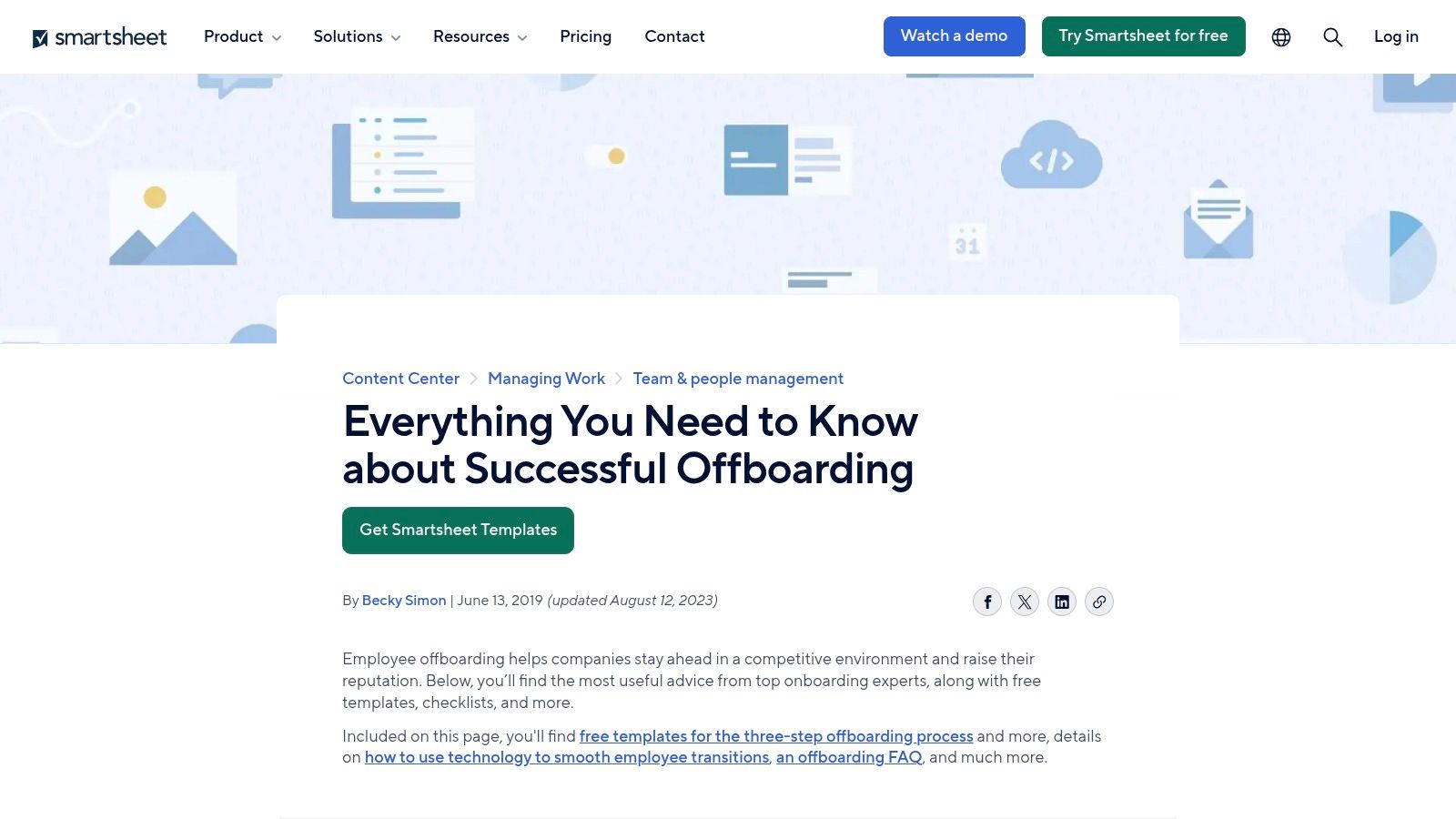 An employee termination checklist template from Smartsheet showing a detailed offboarding guide.