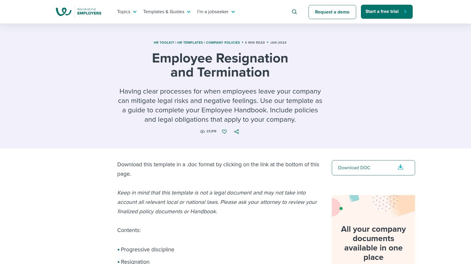 An employee termination policy template from Workable showing sample policy language.