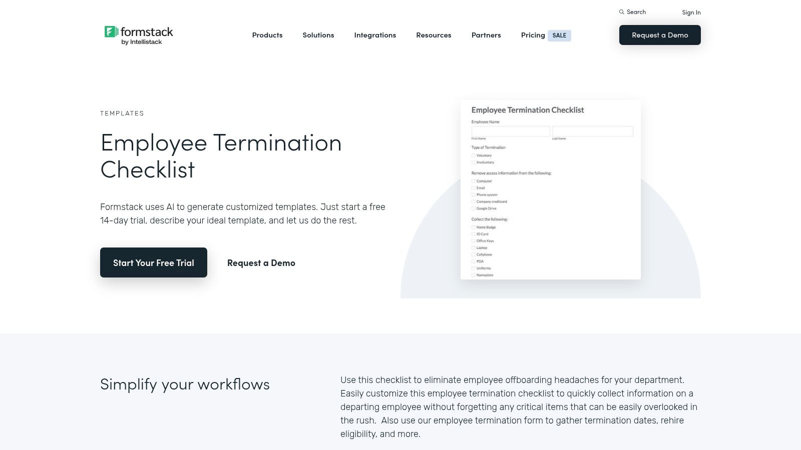 An employee termination checklist template from Formstack showing an online form interface.