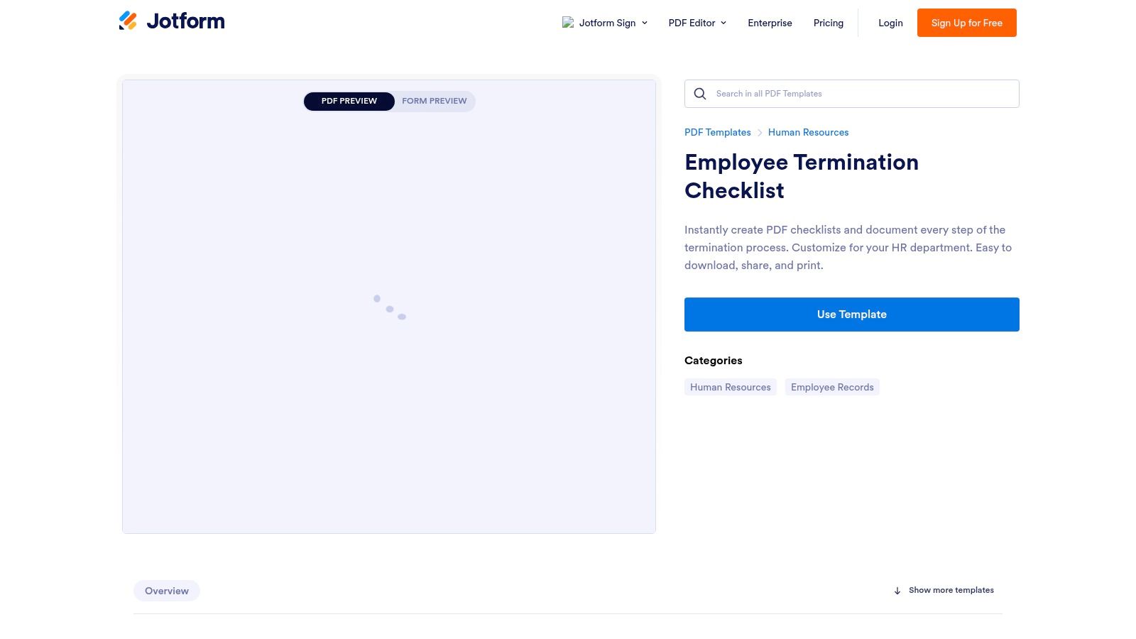 An employee termination checklist template from Jotform showing a fillable PDF.