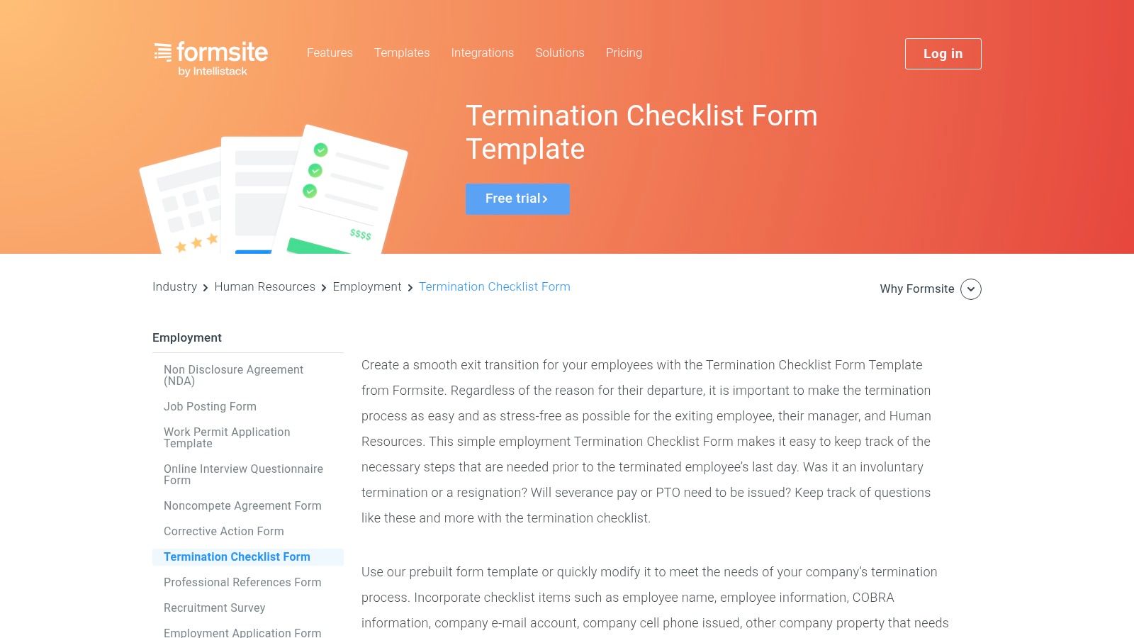 An employee termination checklist template from Formsite showing a termination form.
